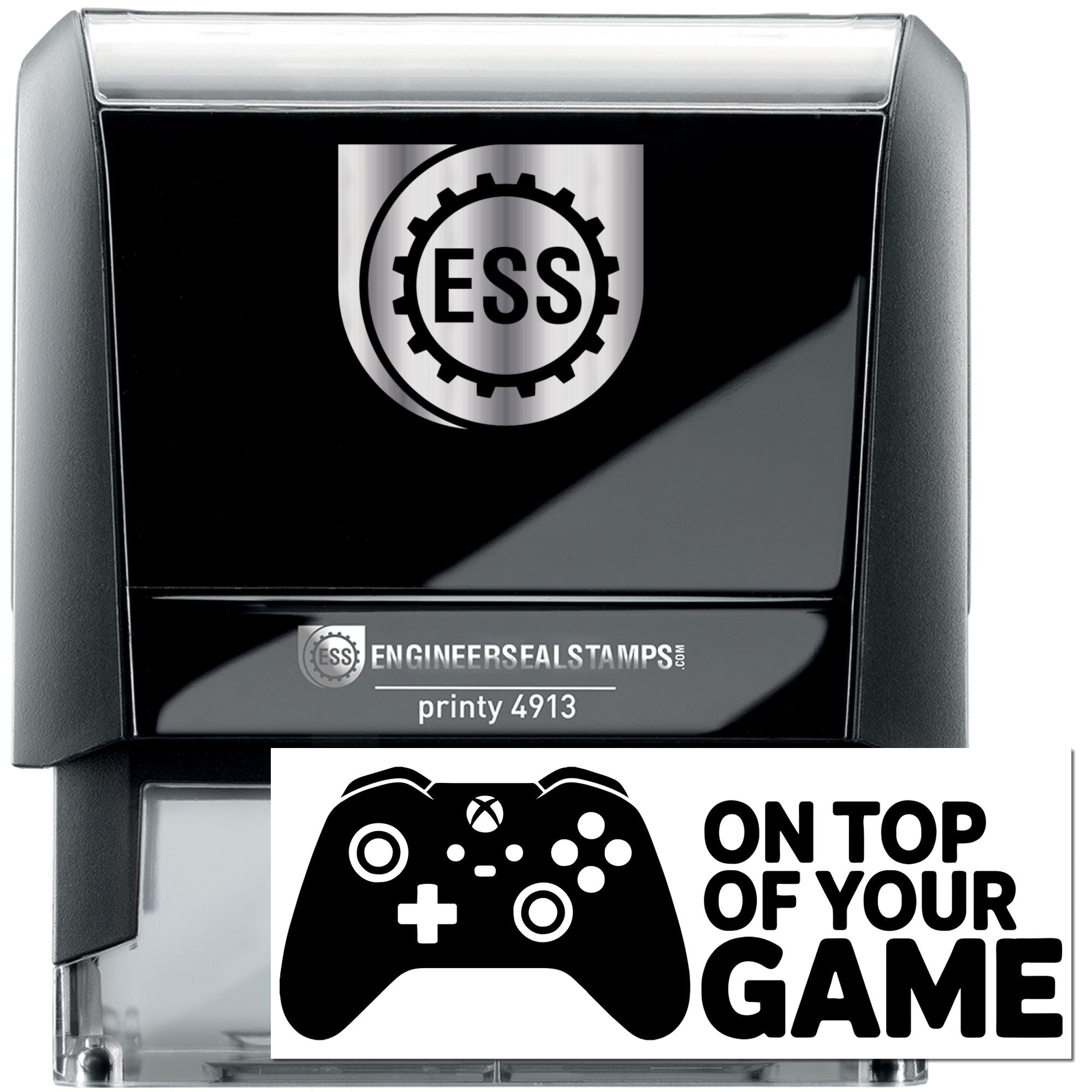 Black self-inking stamp and seal with silver ESS logo, featuring a game controller and bold On Top of Your Game text.