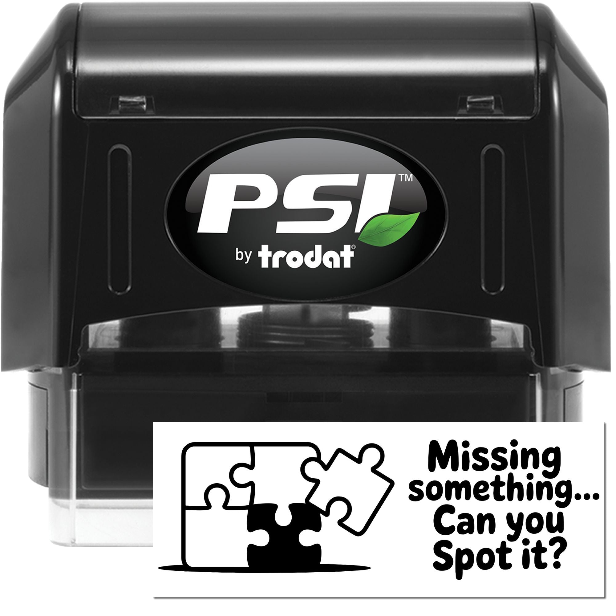 Black self-inking PSI by Trodat stamp and seal with green leaf logo