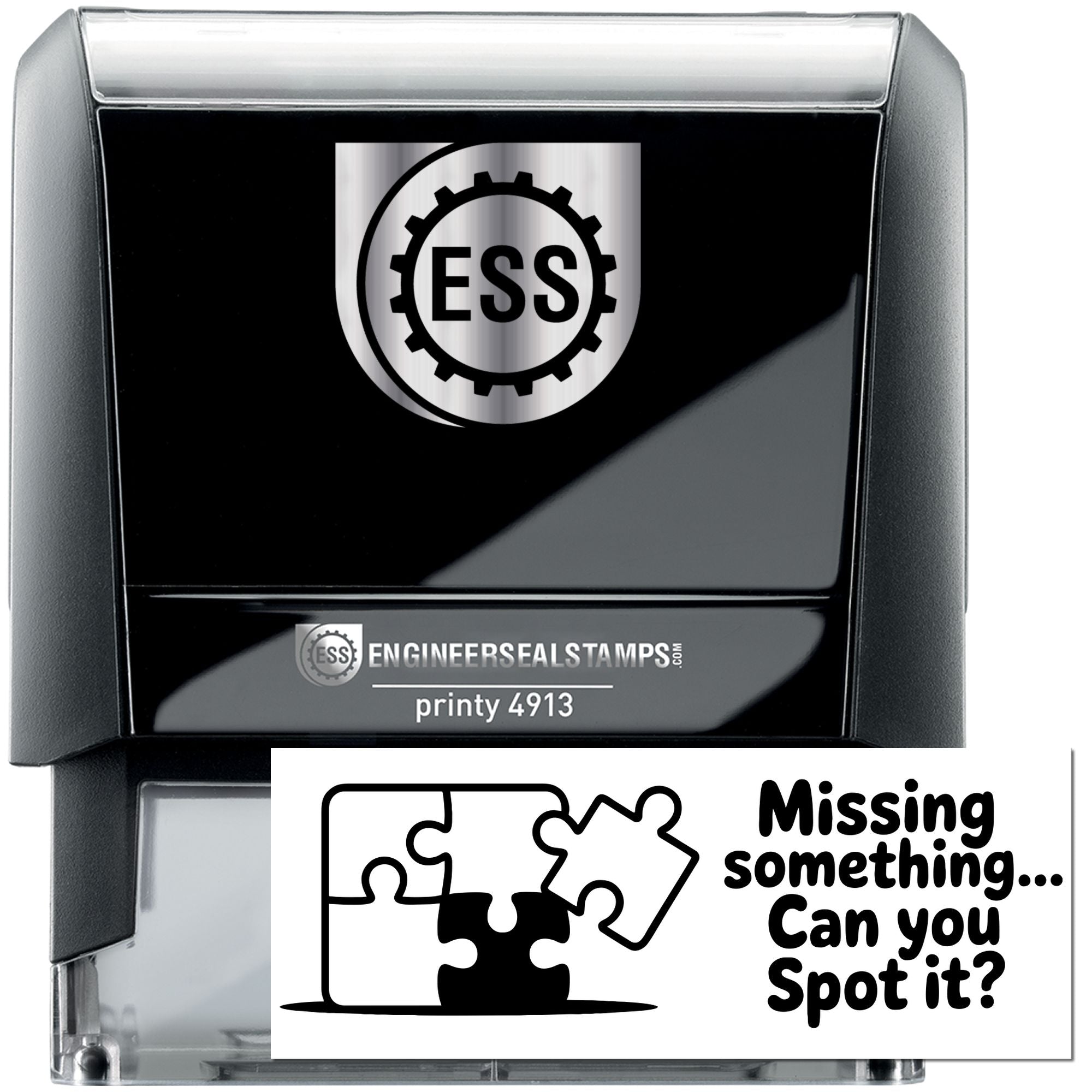 Black and silver self-inking stamp and seal product with ESS gear logo and Missing something... Can you spot it? graphic