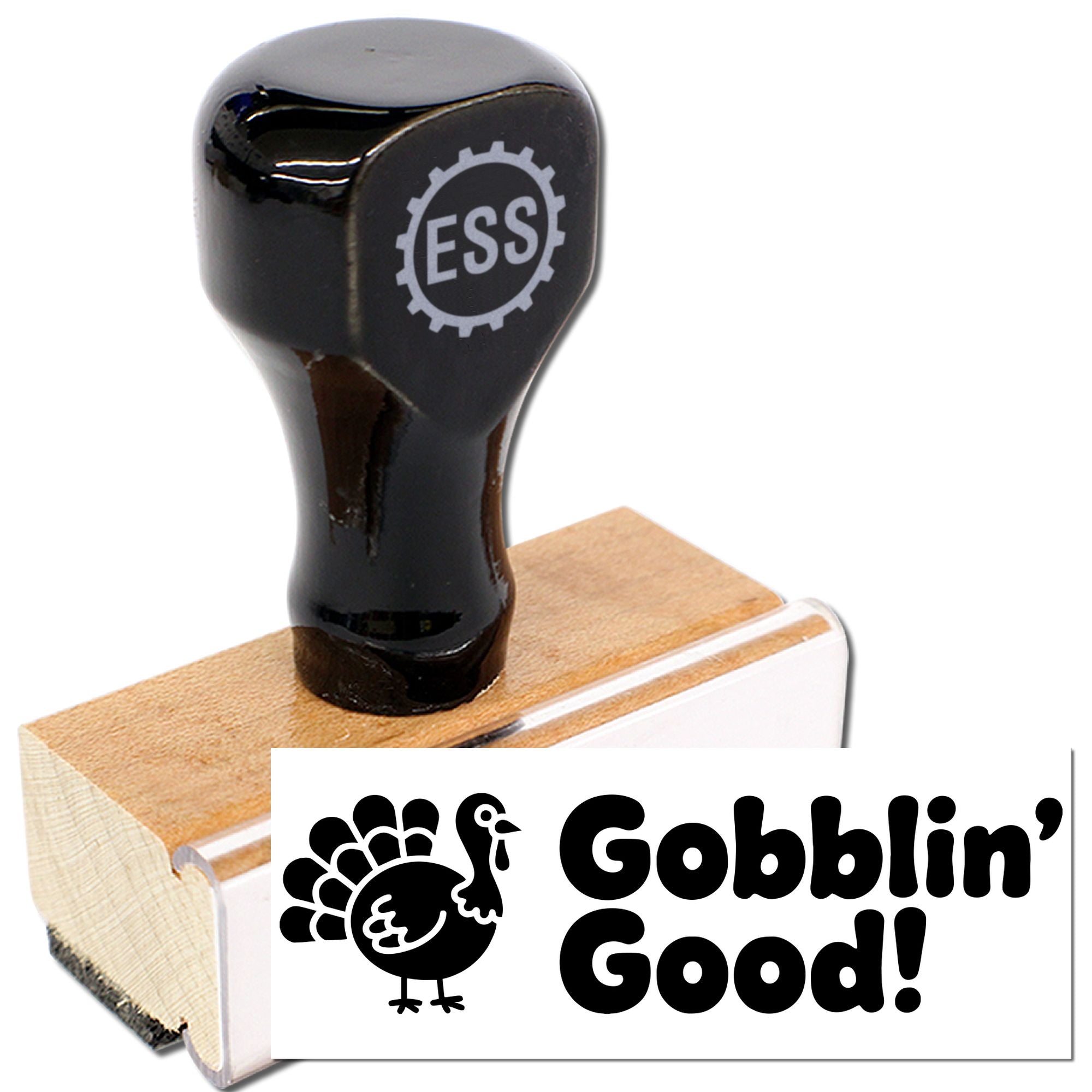 Black rubber stamp and wooden seal block with turkey icon, ESS logo, and Gobblin' Good! text