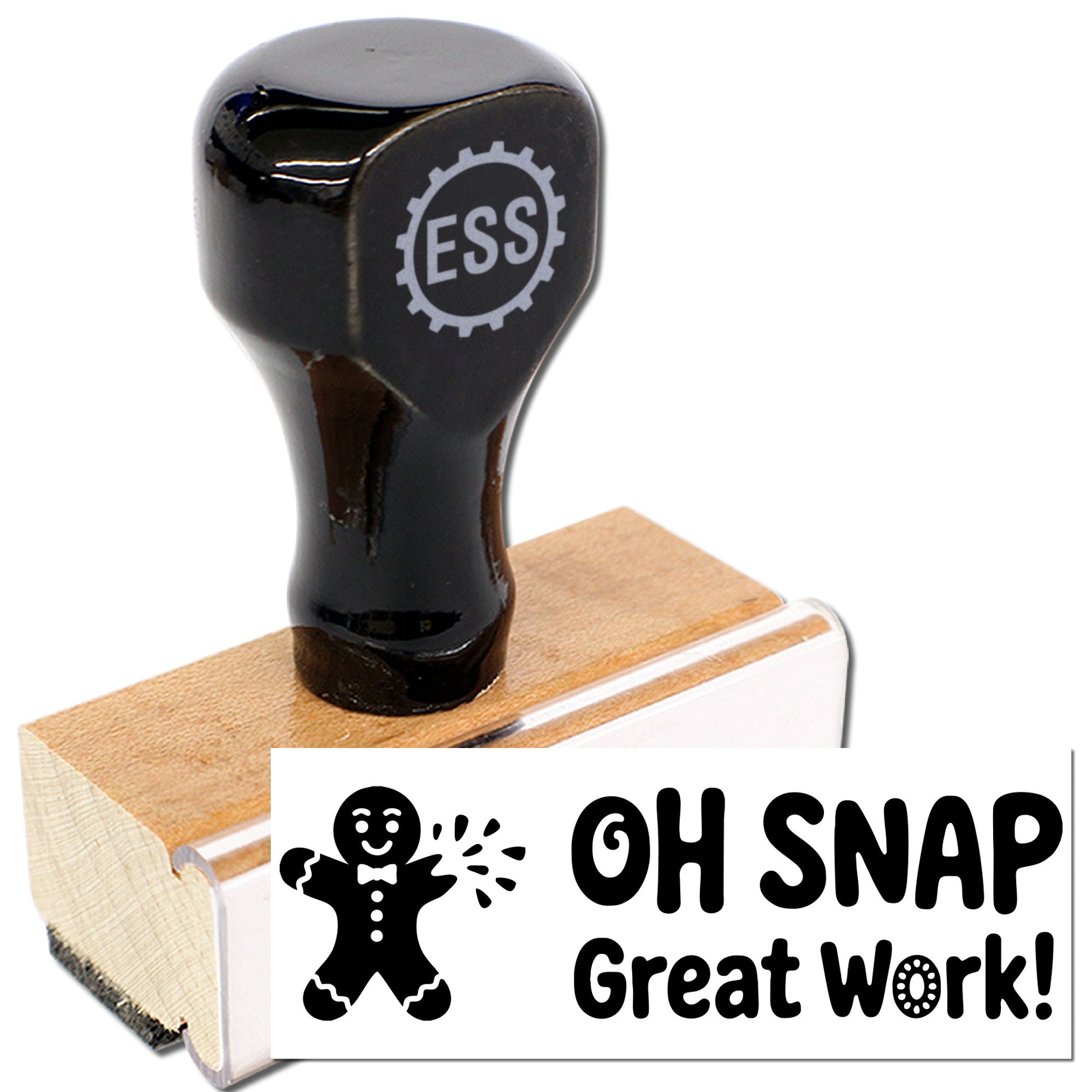 Black rubber stamp and wooden seal block with ESS logo, imprinting Oh Snap Great Work! in black on white.