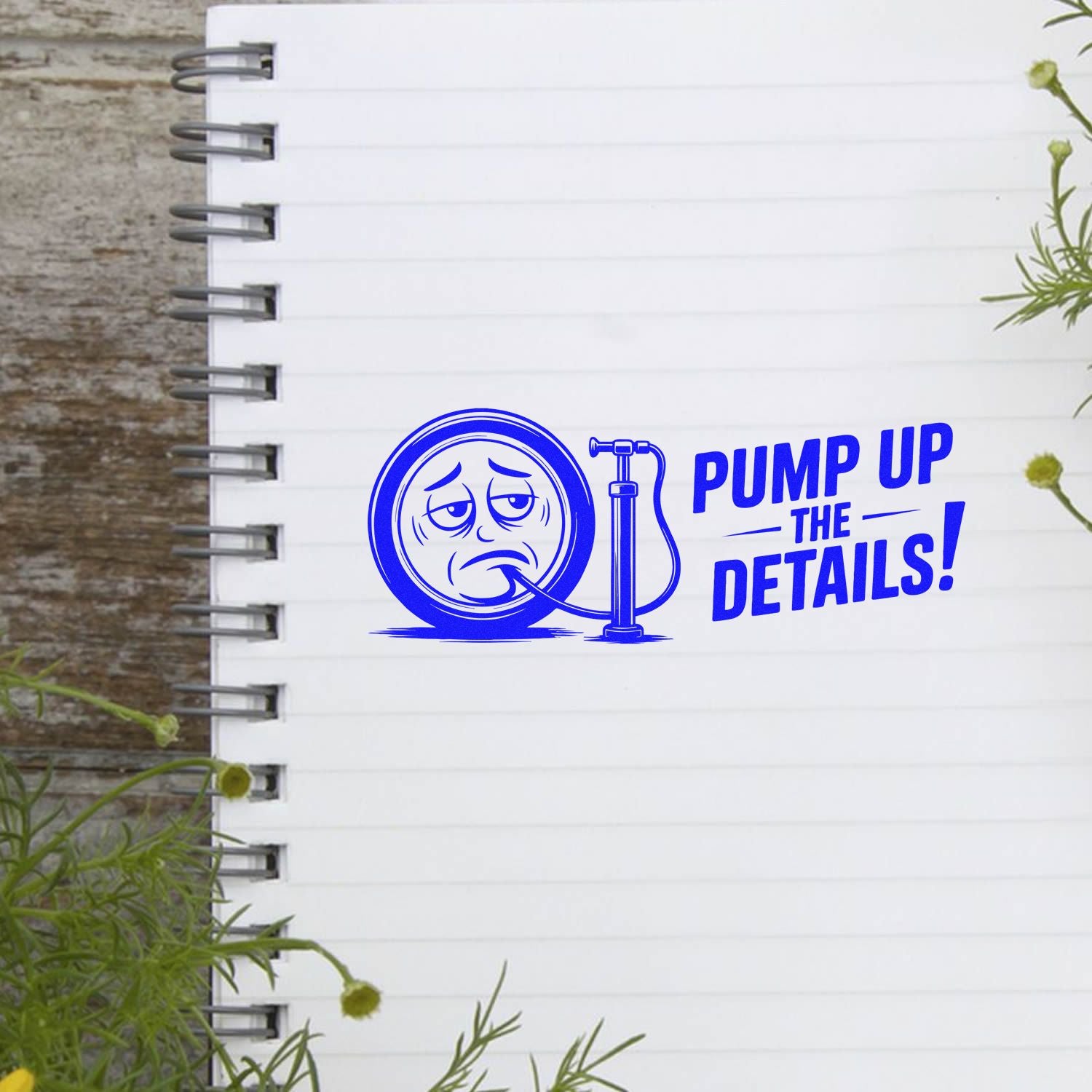 Blue stamp-style seal with sad face and tire pump next to bold Pump Up the Details! on a white notebook page.