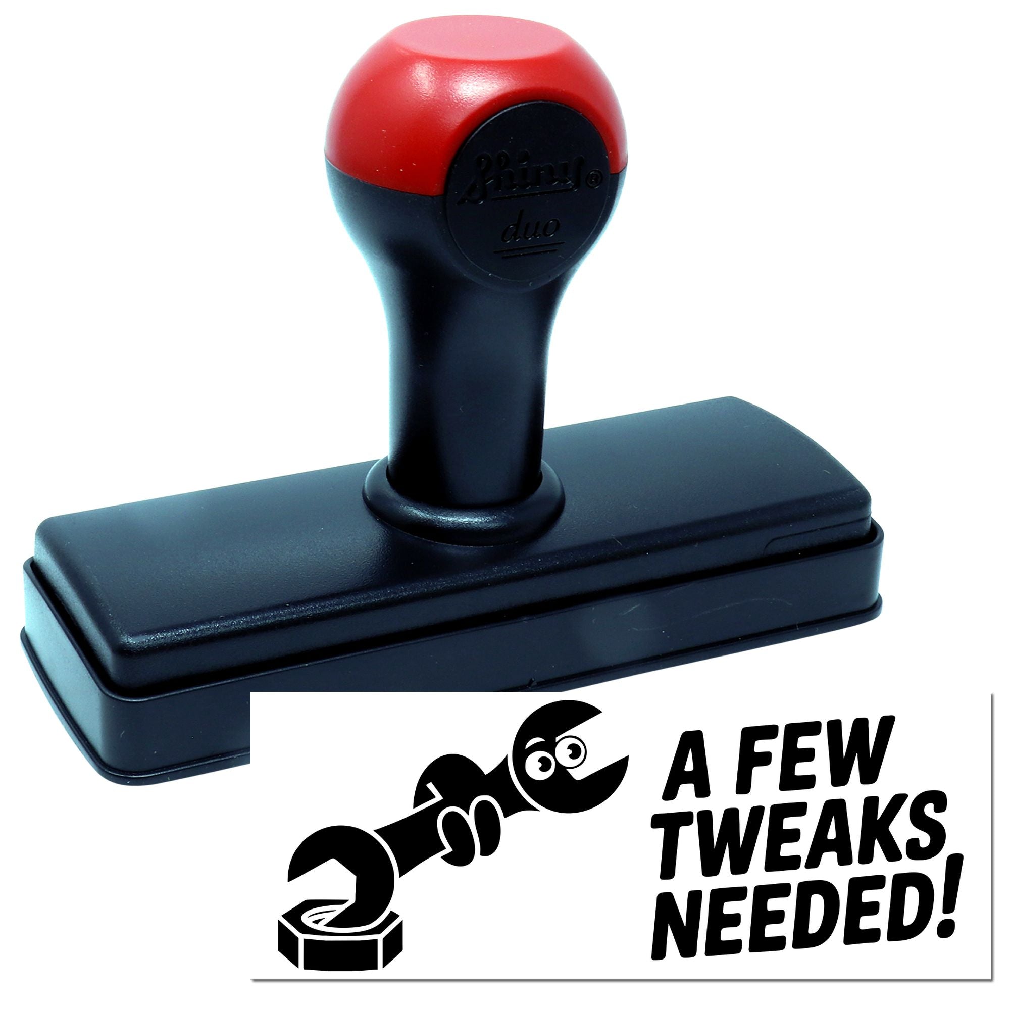 Red and black self-inking stamp and seal with rectangular base, featuring an A Few Tweaks Needed! logo.