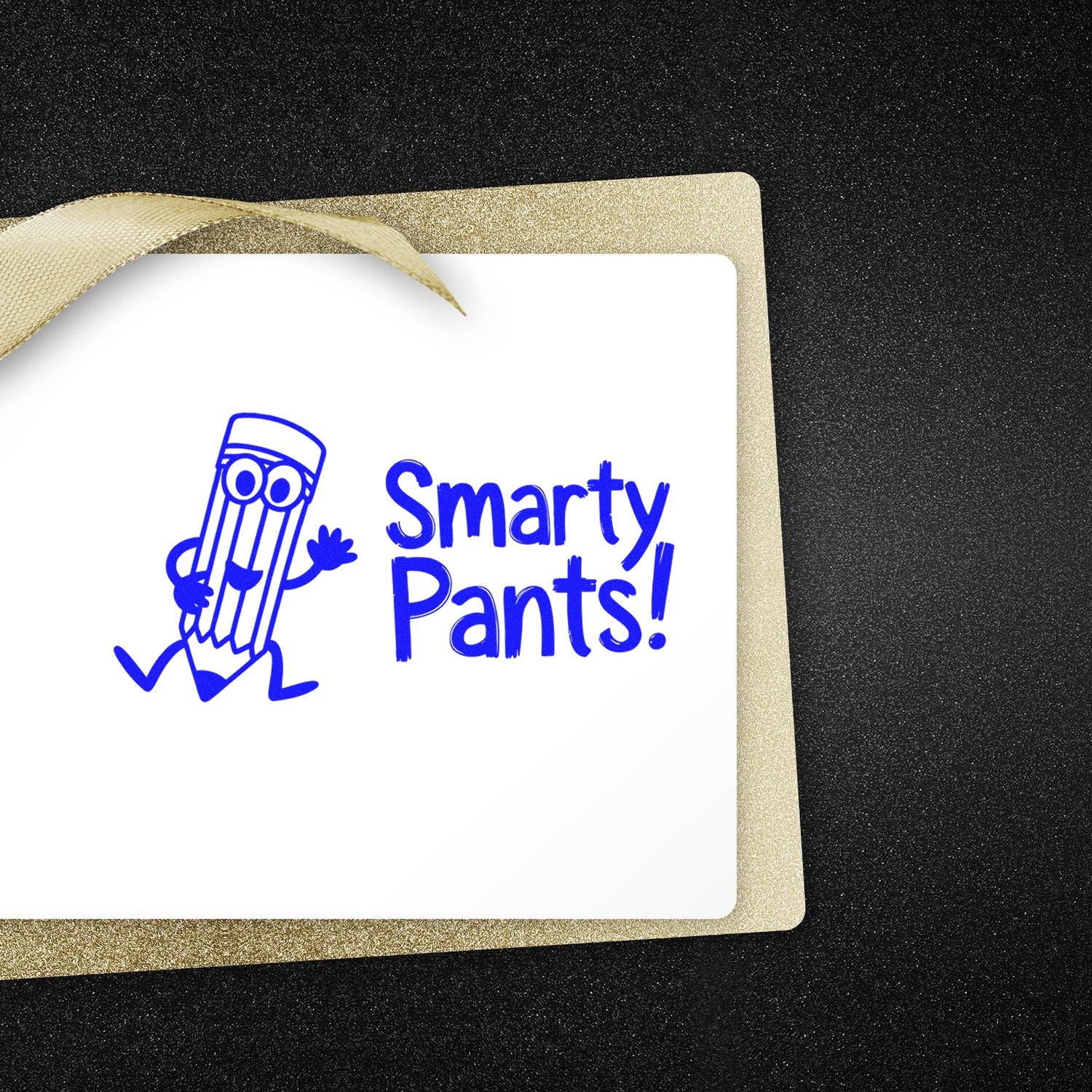 Blue Smarty Pants! stamp with pencil mascot on white card, framed by gold glitter seal border and ribbon on black background.