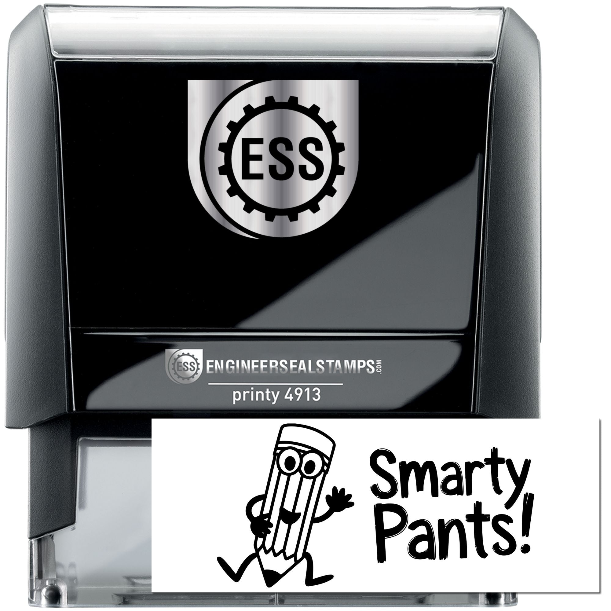 Black self-inking ESS stamp and seal set with silver logo, Printy 4913, and white Smarty Pants! design.