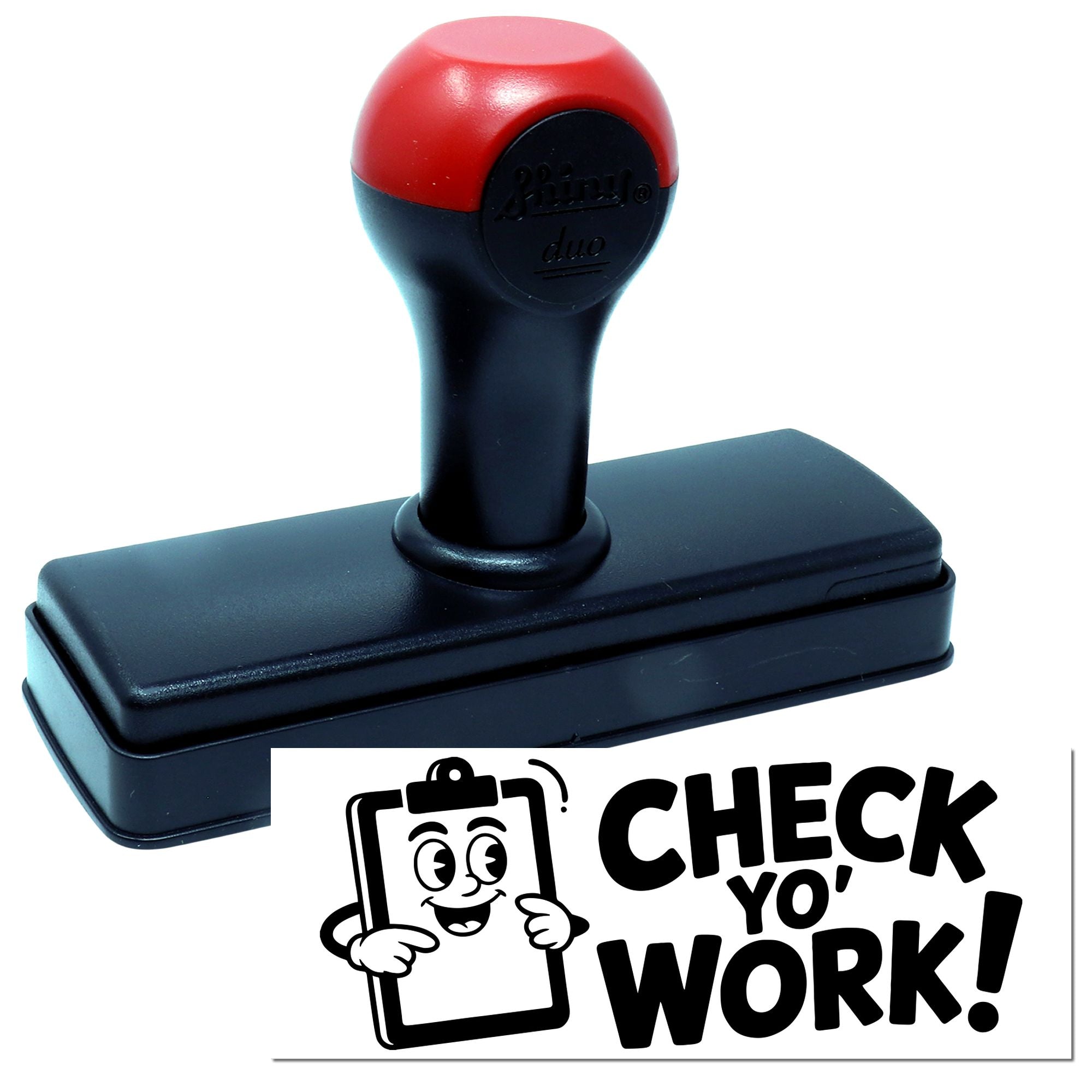 Black and red self-inking stamp with CHECK YO WORK! seal design