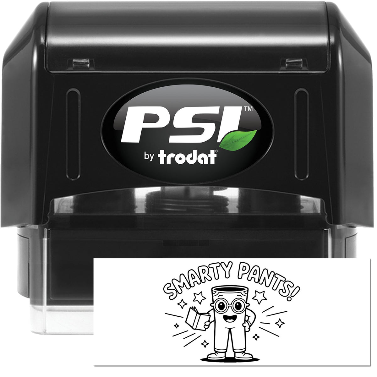 Trodat Smarty Pants motivational teacher stamp featuring a pre-inked stock stamp design in black for grading and feedback.