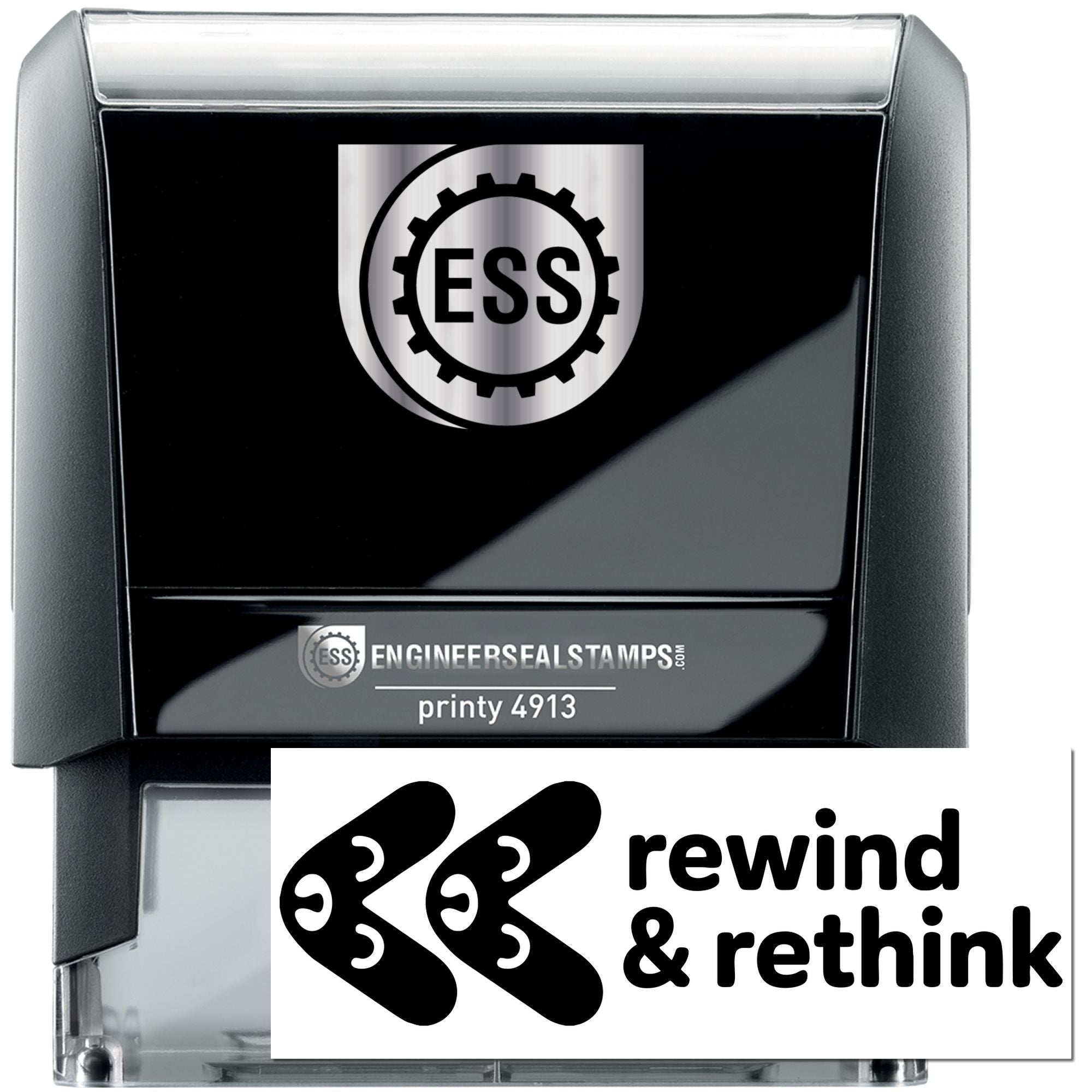 Black and silver self-inking ESS stamp and seal with gear logo, printy 4913, and rewind & rethink branding.