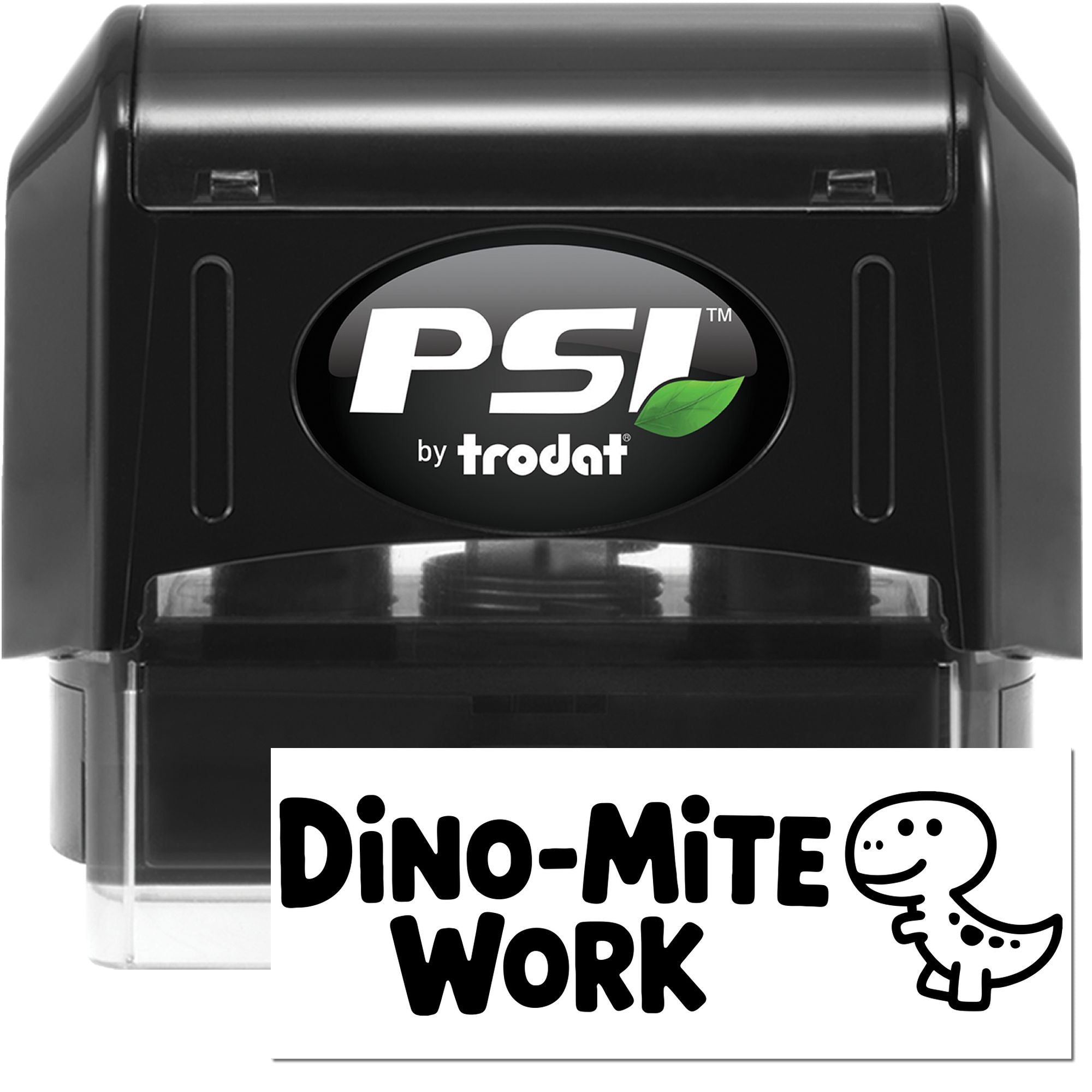 Black PSI by Trodat self-inking stamp and seal products with Dino-Mite Work text and dinosaur graphic on white background.