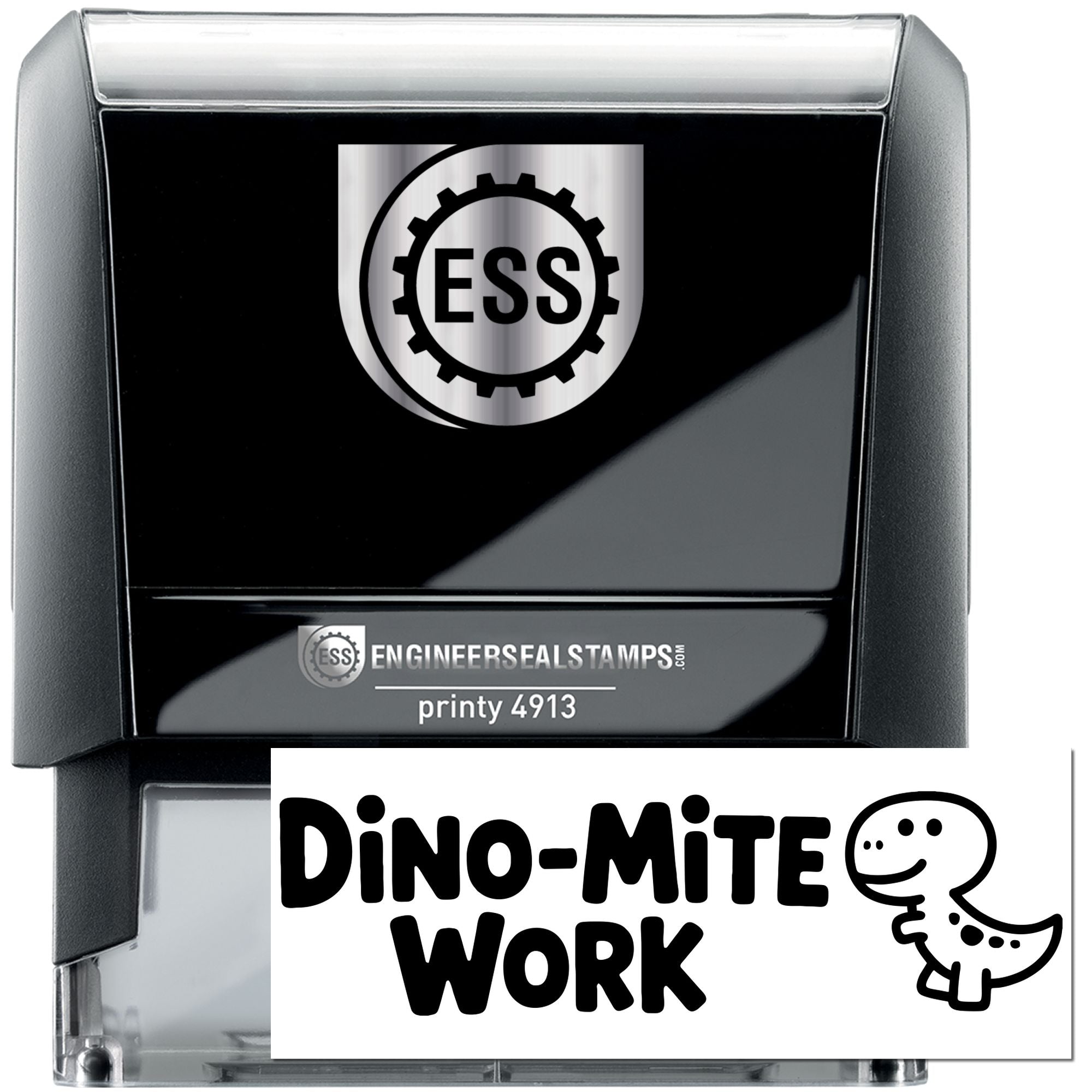 Black and silver self-inking stamp and seal with ESS gear logo and Dino-Mite Work imprint card