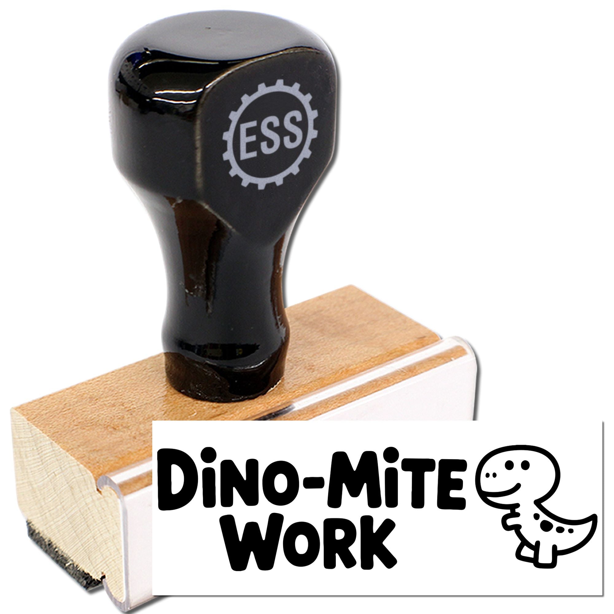 Black rubber stamp seal on wooden base with ESS logo, beside a white Dino-Mite Work card and dinosaur icon.