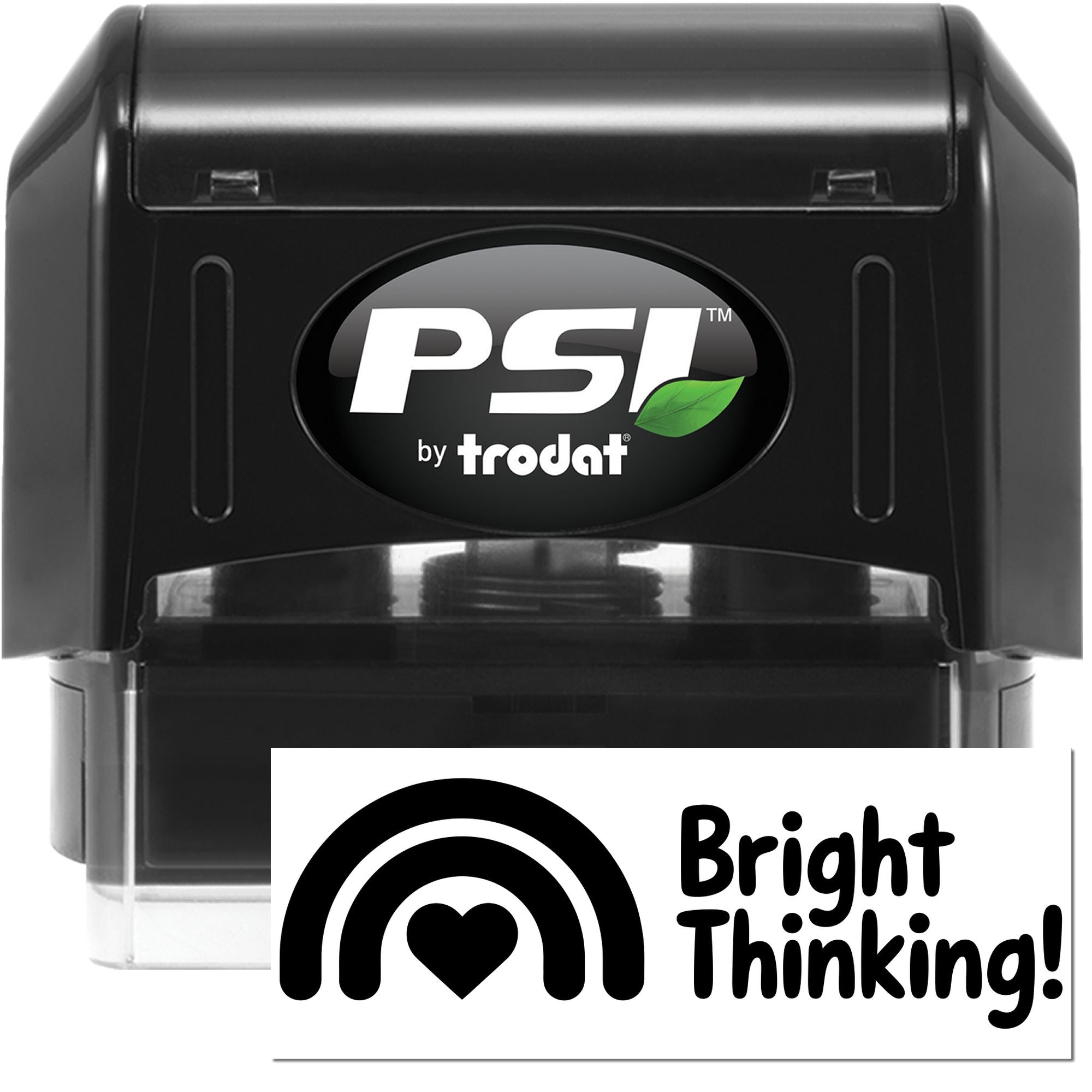 Black PSI by Trodat self-inking stamp with green leaf logo and Bright Thinking seal card on a white background