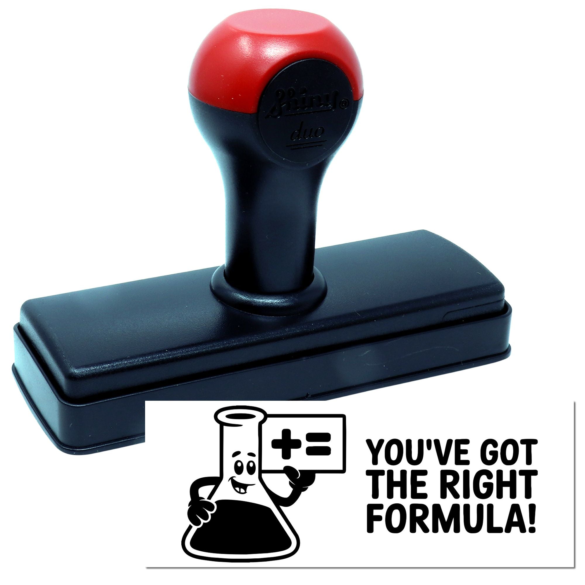 Black self-inking rubber stamp with red top and black base, plus seal card reading Youve got the right formula!