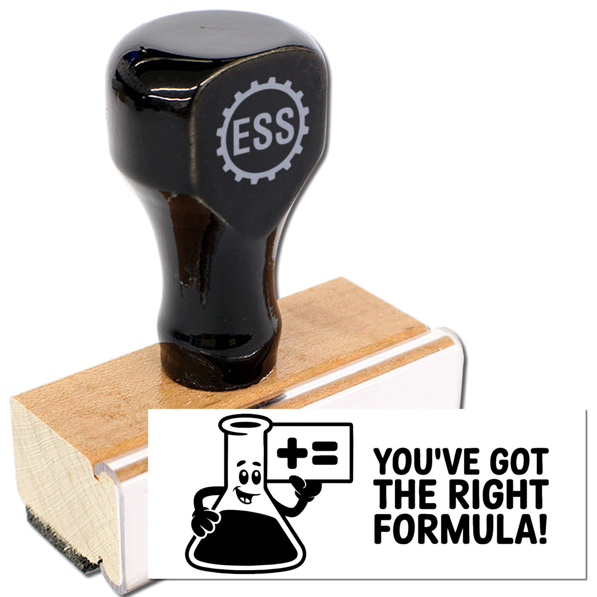 Black Acorn Rewind and Rethink teacher stamp with wooden handle, used for classroom feedback and student assessment.
