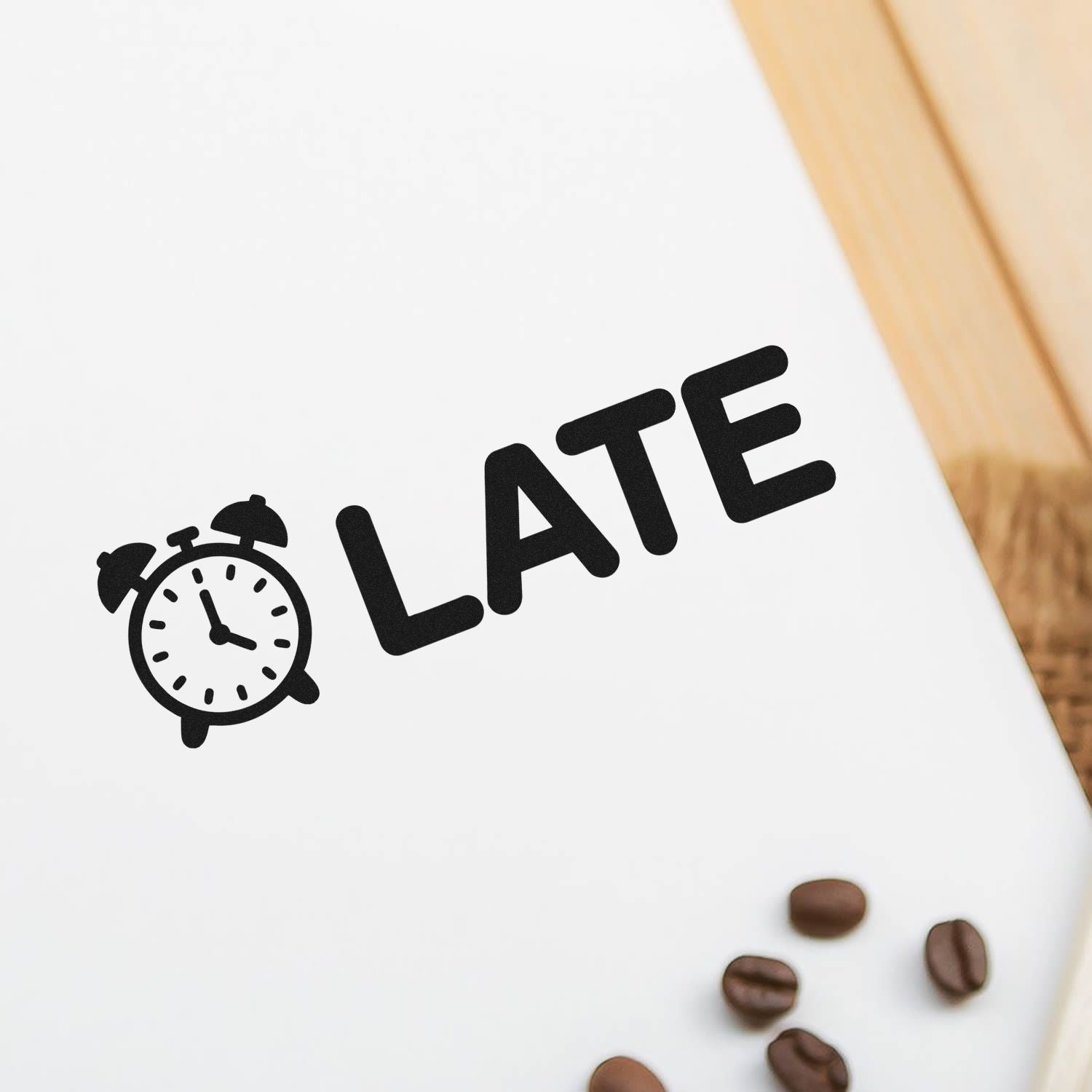 Black alarm clock stamp and LATE seal on white paper, with coffee beans and warm wood background.