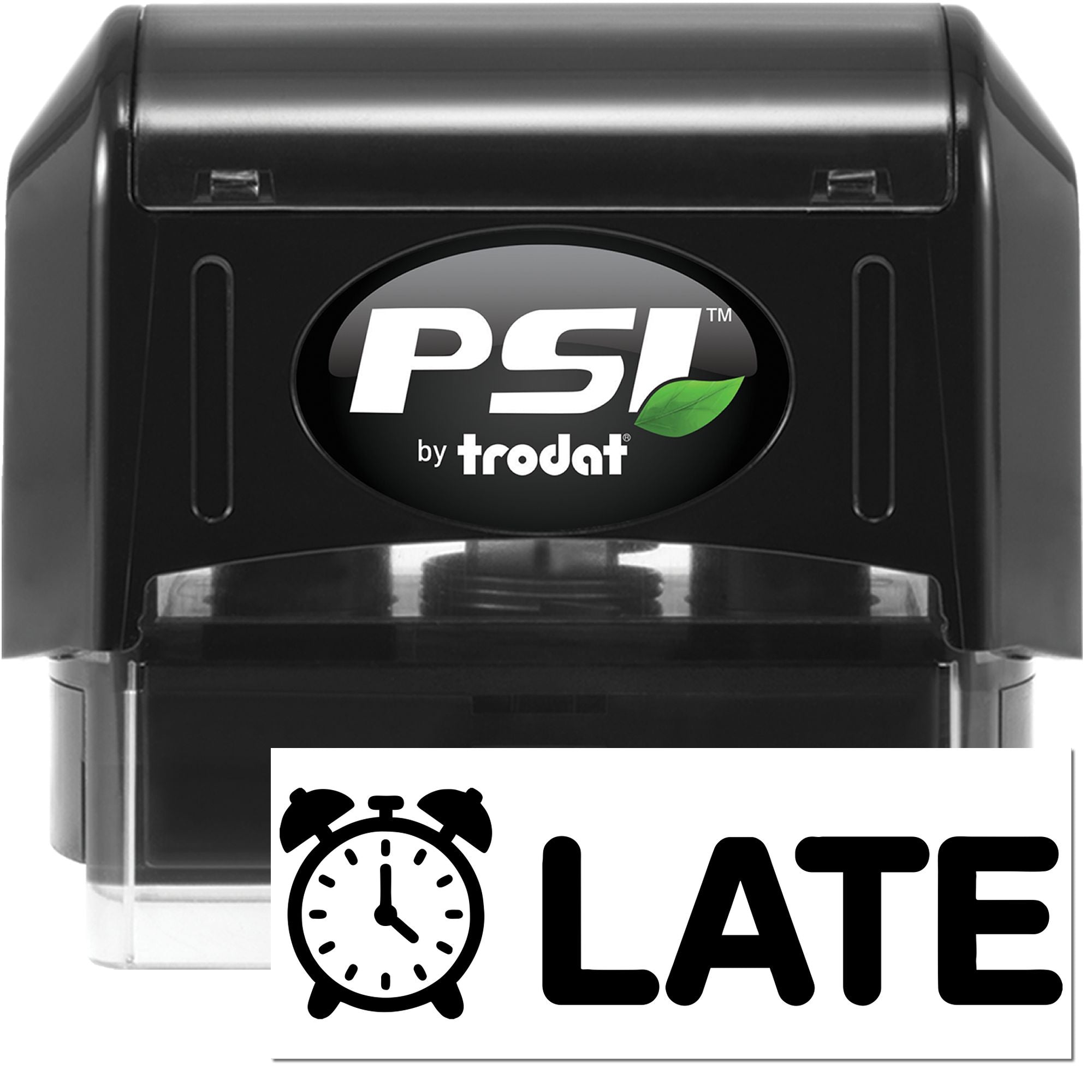 Black PSI by Trodat self-inking stamp and seal with green leaf logo and LATE text.