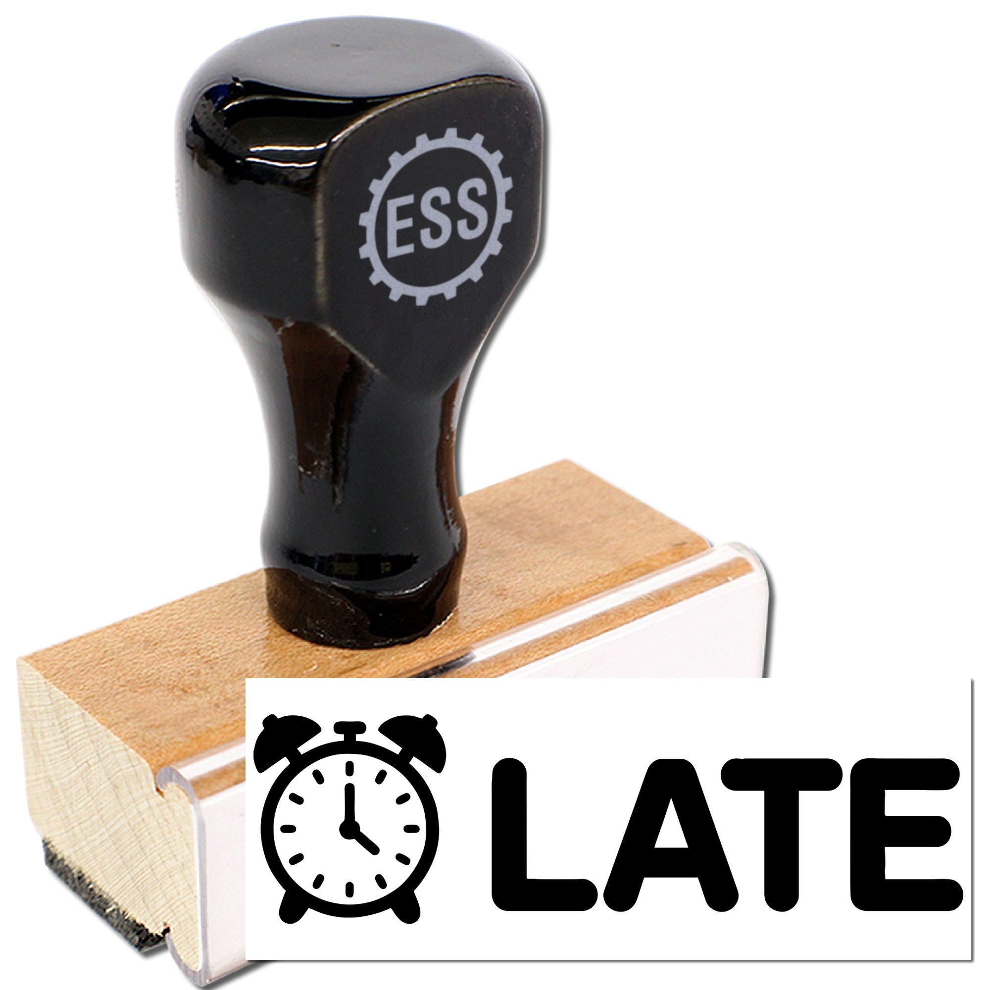 Black rubber stamp and seal set with ESS logo, wooden base, and LATE mark with alarm clock icon.