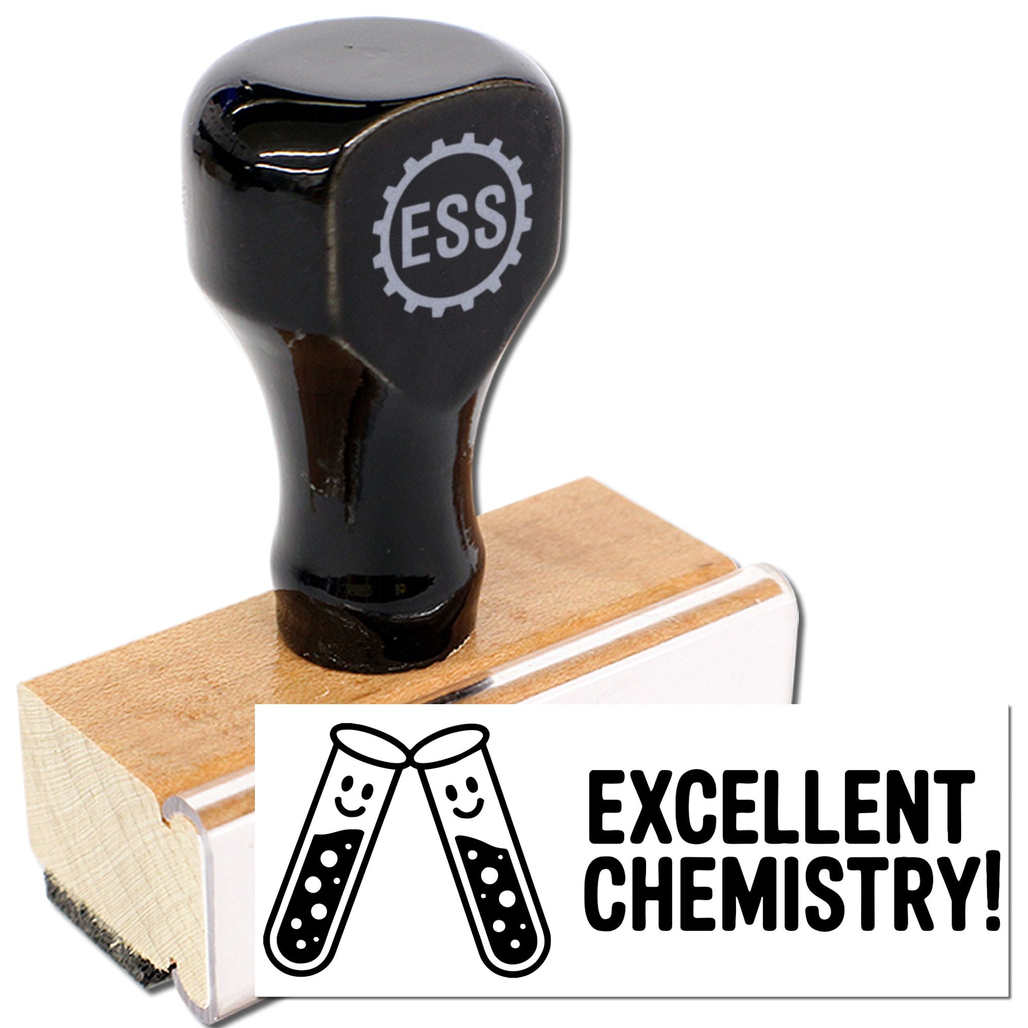 Black custom stamp with wooden base, ESS logo, and Excellent Chemistry! beaker design in black and white