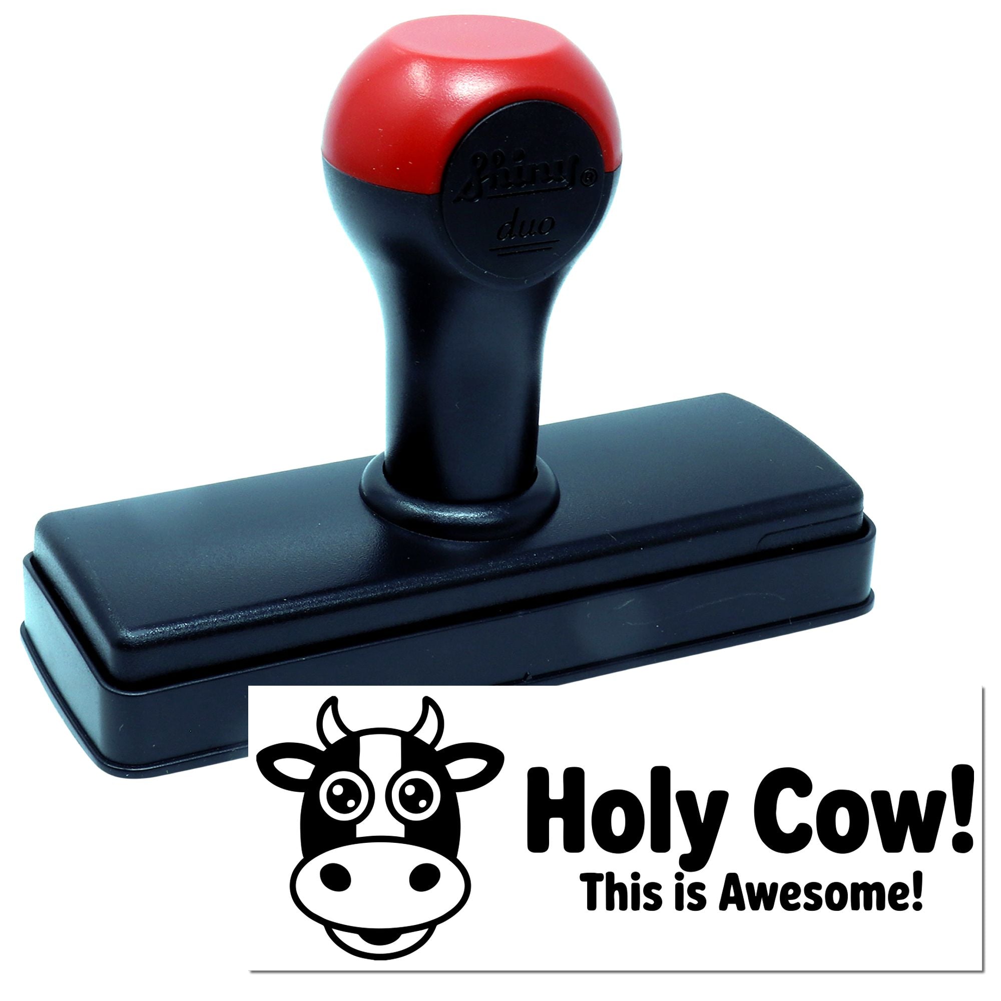 Red and black self-inking stamp and seal with cow logo and Holy Cow! This is Awesome! text