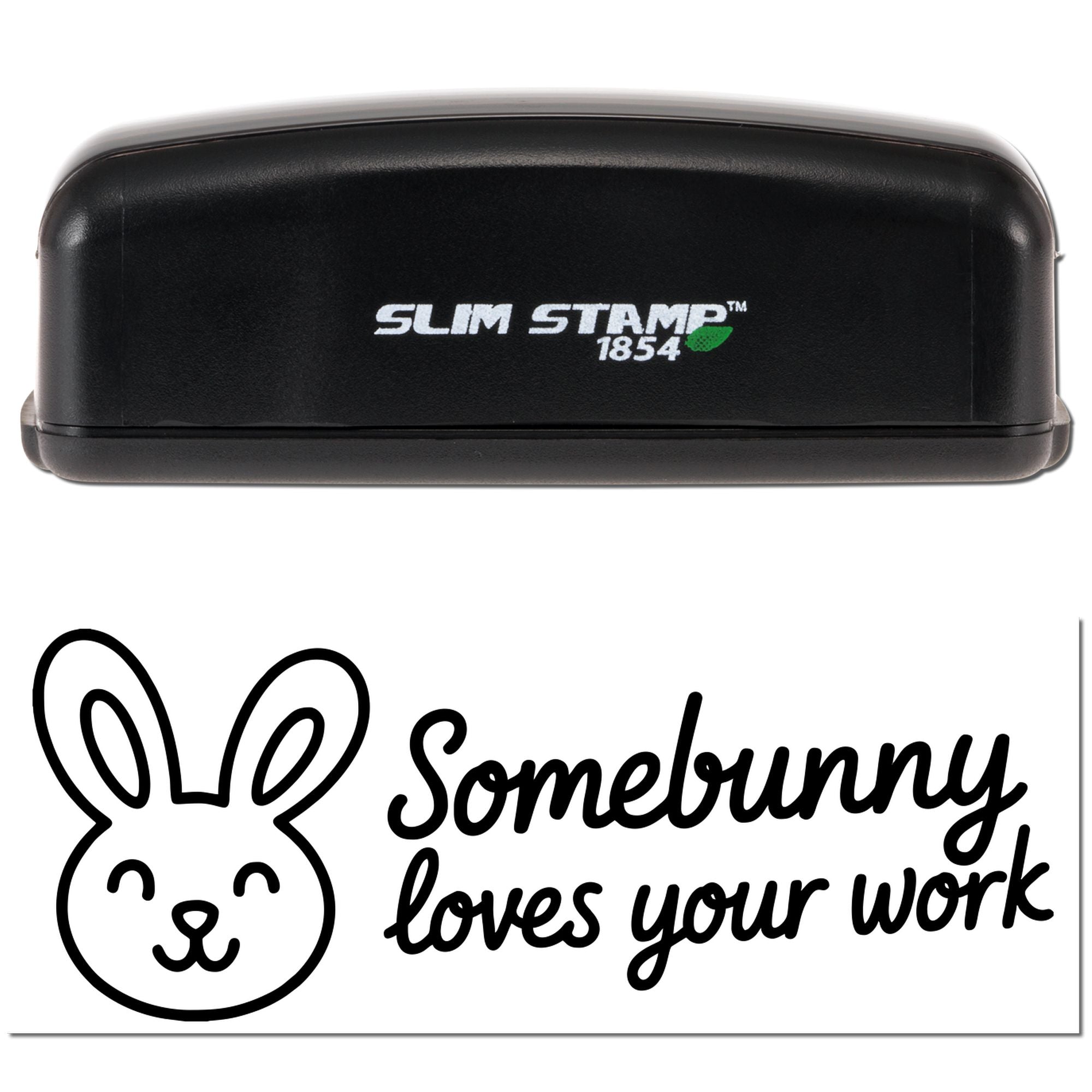 Black Slim Stamp 1854 self-inking stamp and seal featuring a bunny logo with Somerunny loves your work text.