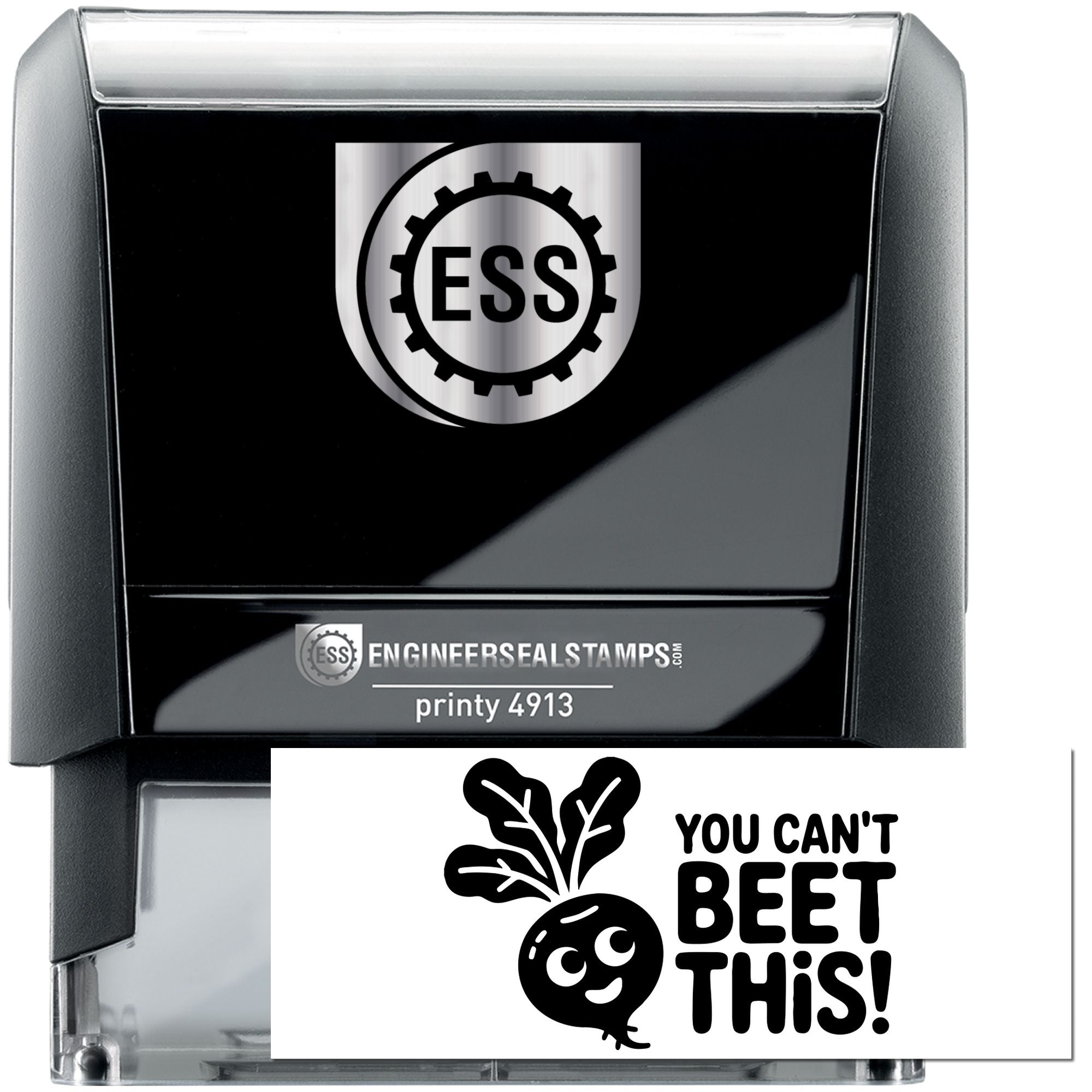 Black self-inking stamp and seal set with silver ESS logo and white You cant beet this! veggie design.