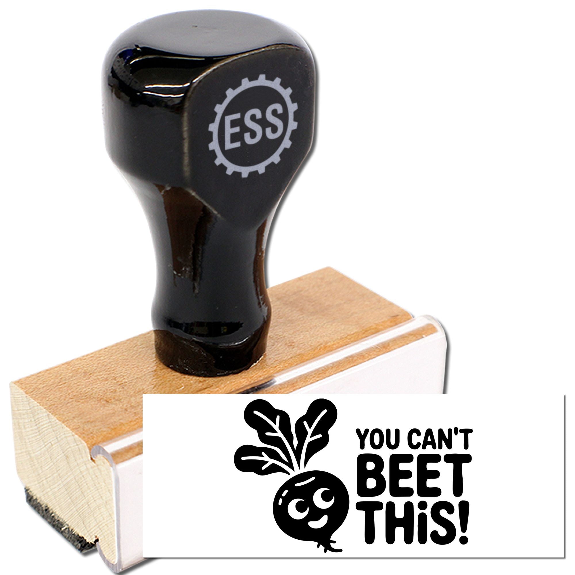 Black self-inking stamp and wooden seal with ESS logo, printing a black-and-white You Cant Beet This! beet graphic.