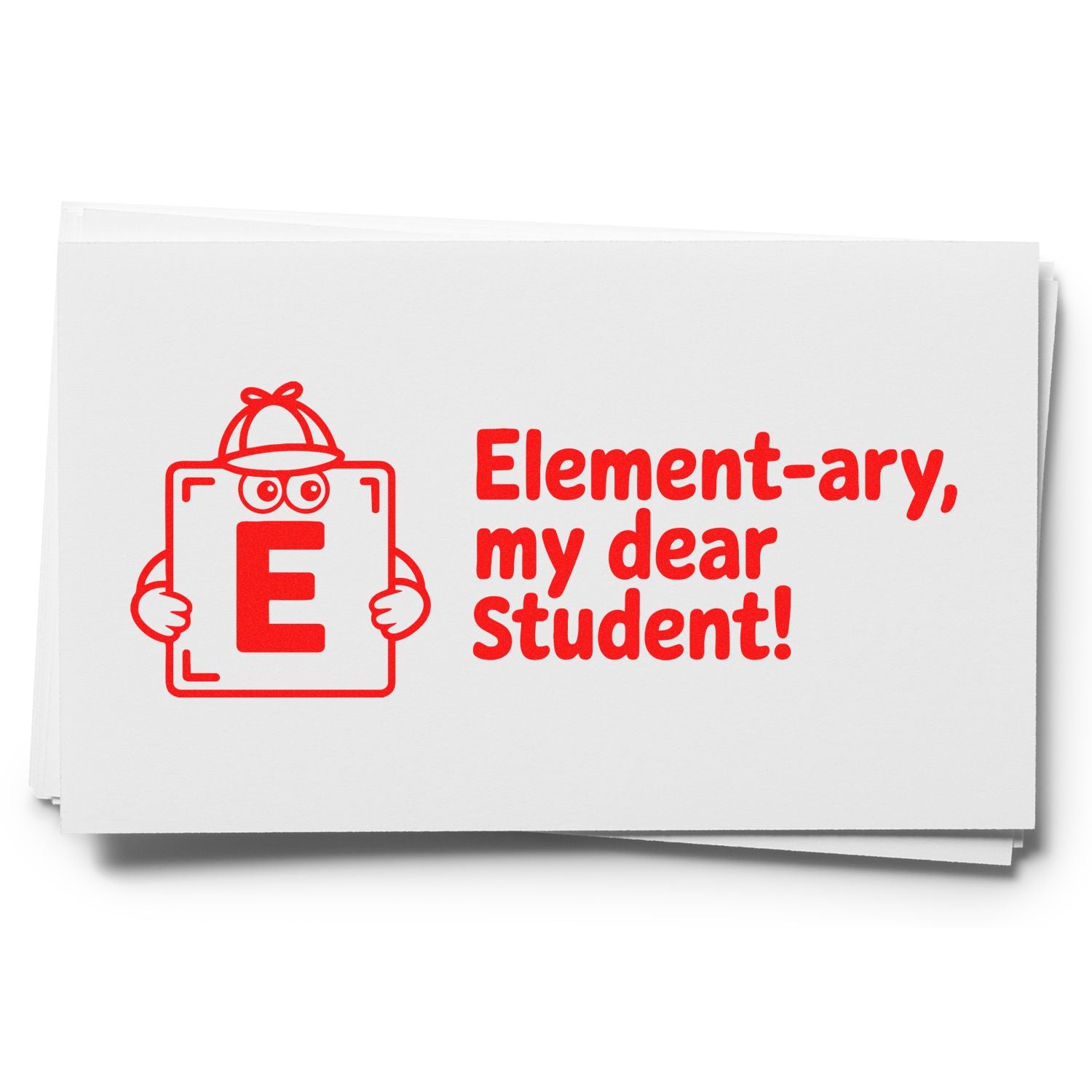 Red educational stamp and seal with cartoon letter E and text "Element-ary, my dear student!" on white cards.