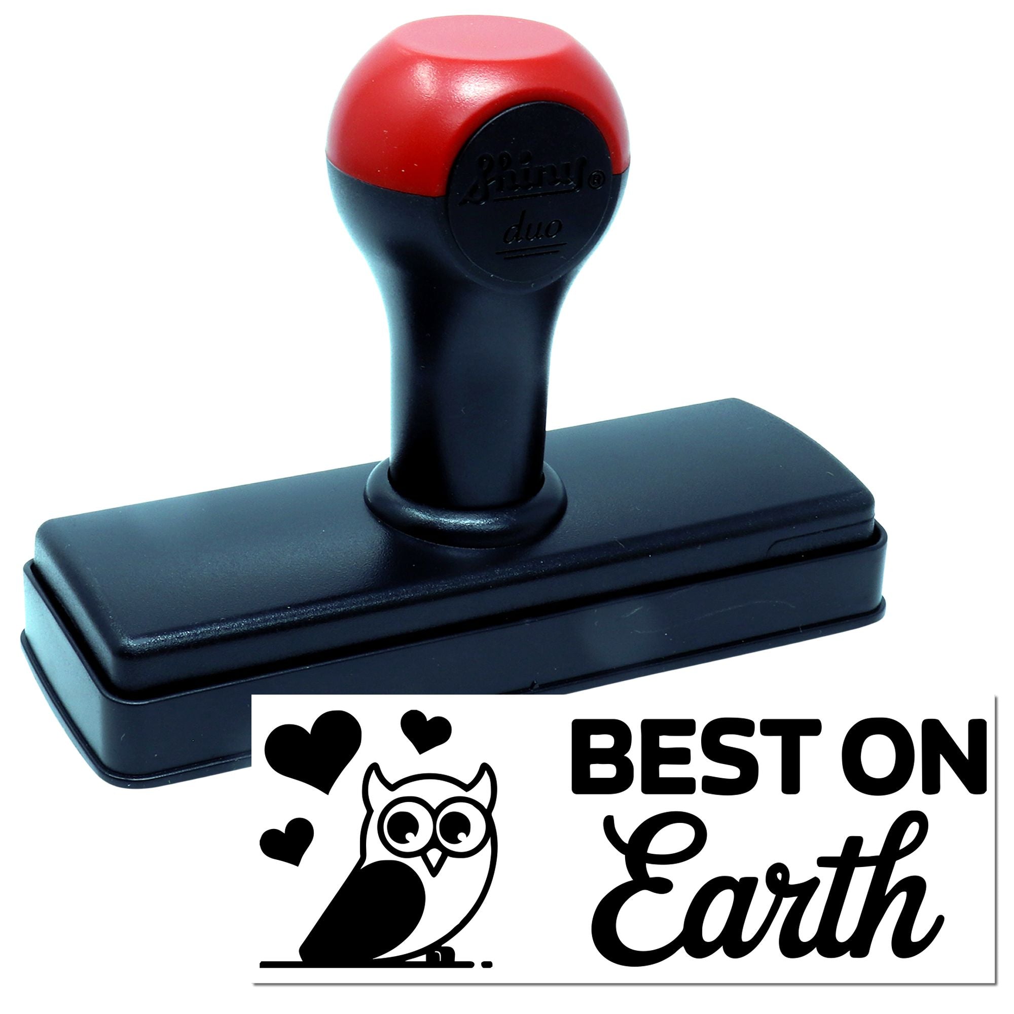 Red and black self-inking stamp and seal with rectangular base, featuring Best on Earth owl and heart design.