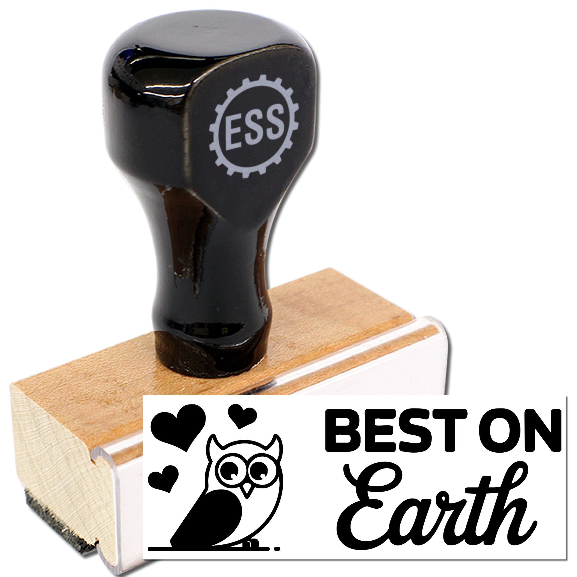 Black self-inking stamp and seal with wood handle, ESS logo, and Best on Earth owl design on white background.