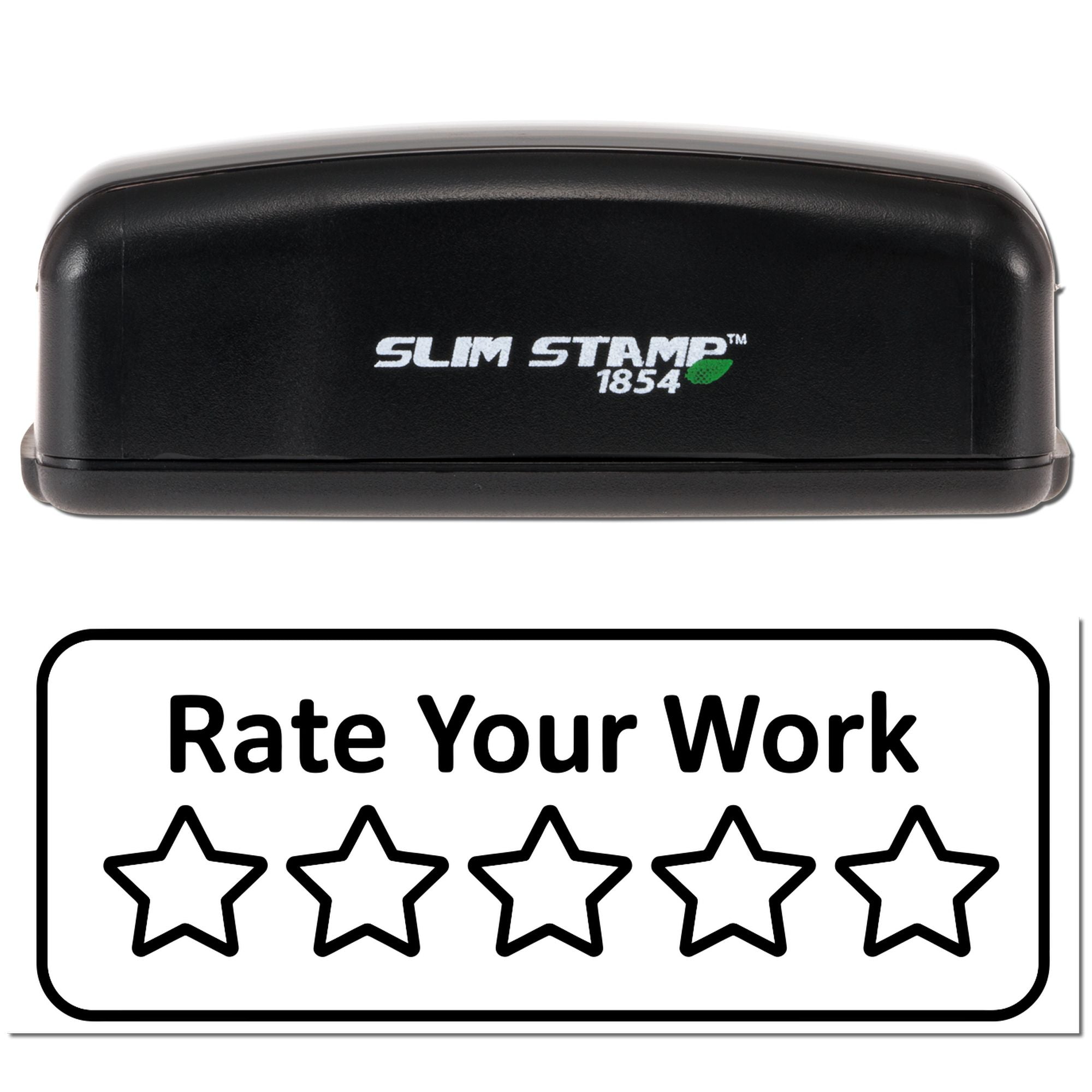 Black Slim Stamp 1854 self-inking stamp with green leaf logo and white Rate Your Work five-star seal on white background