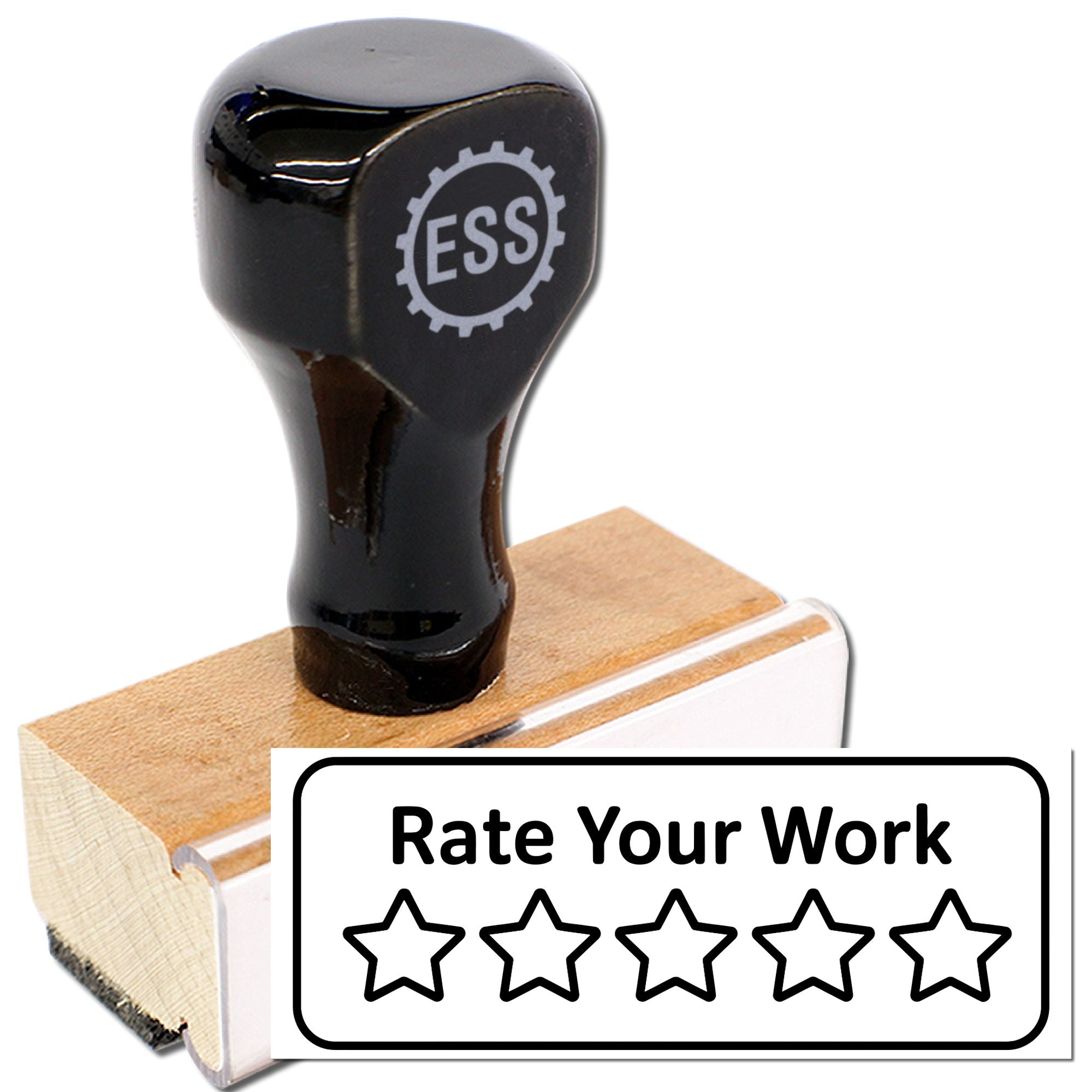 Black ESS rubber stamp on wooden base beside a Rate Your Work five-star rating stamp seal