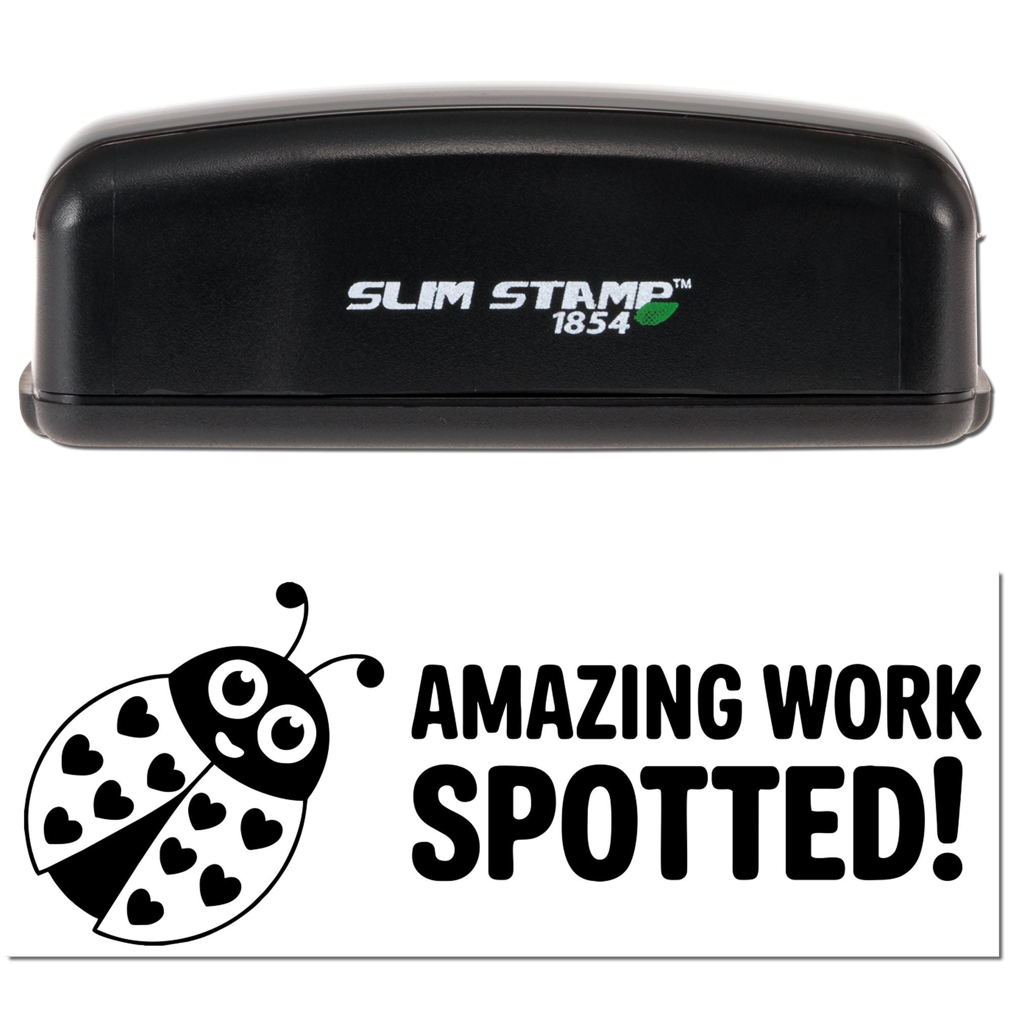 Black self-inking stamp and seal, Slim Stamp 1854, with Amazing Work Spotted! ladybug design.