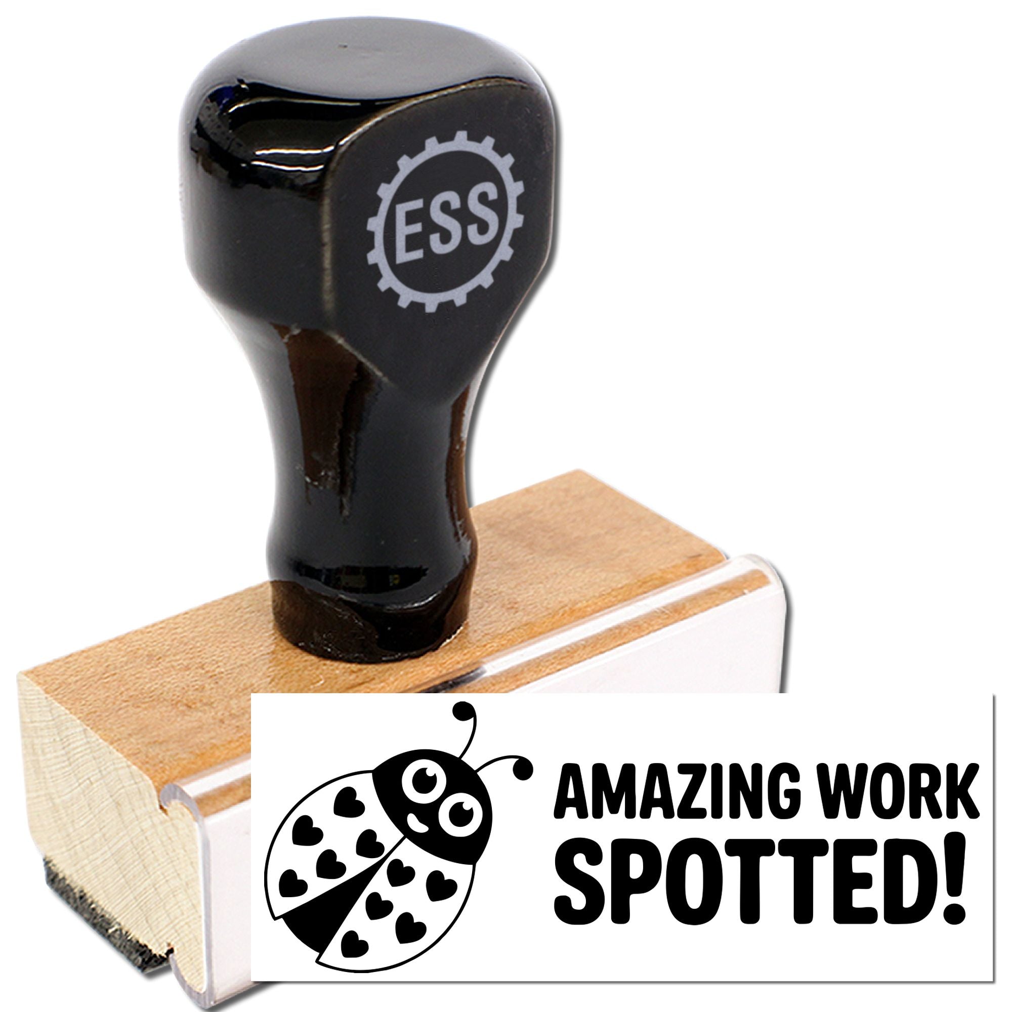 Black ESS rubber stamp with wooden handle and acrylic base, plus Amazing Work Spotted! seal design