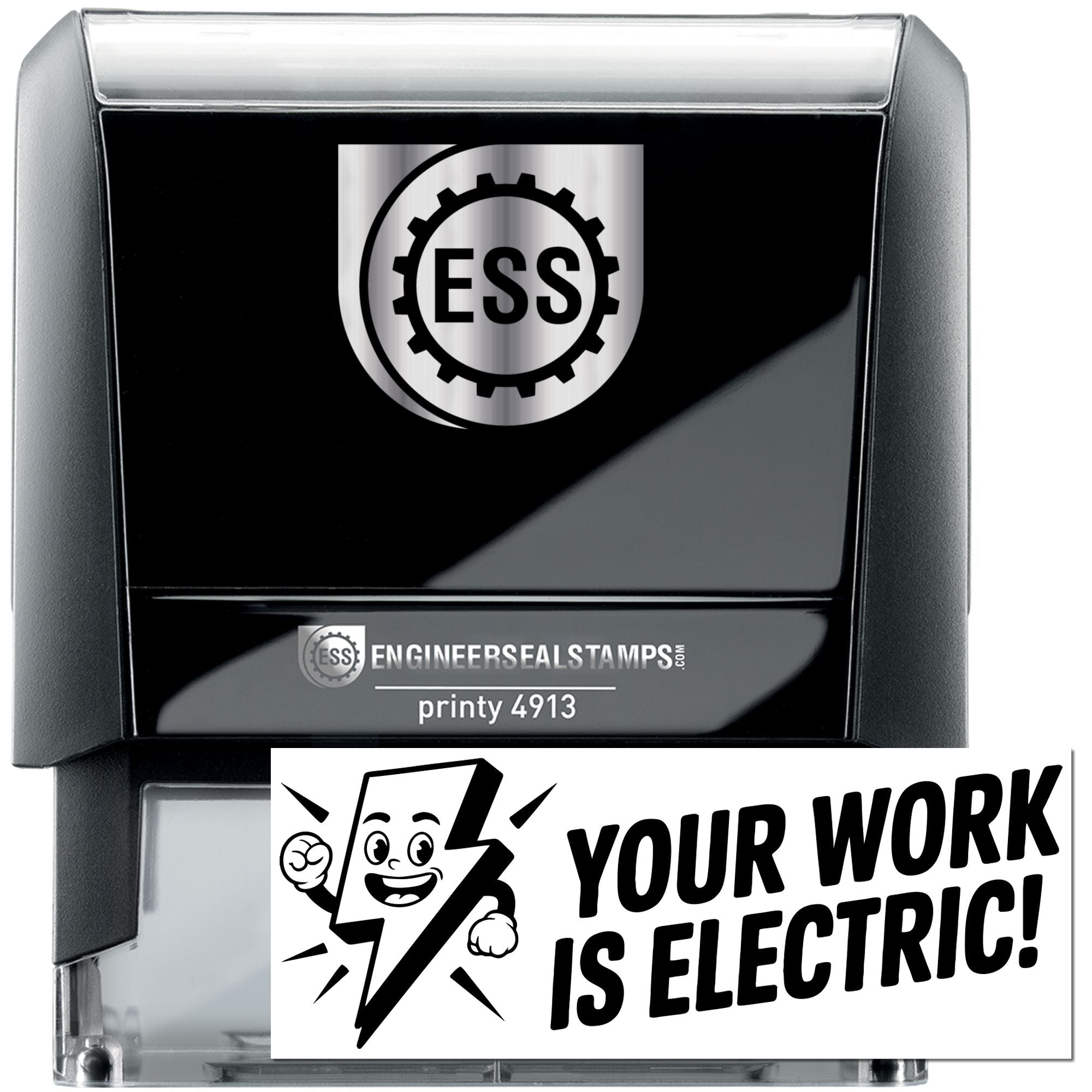 Black and silver self-inking engineer seal stamp with ESS logo and Your Work Is Electric! text