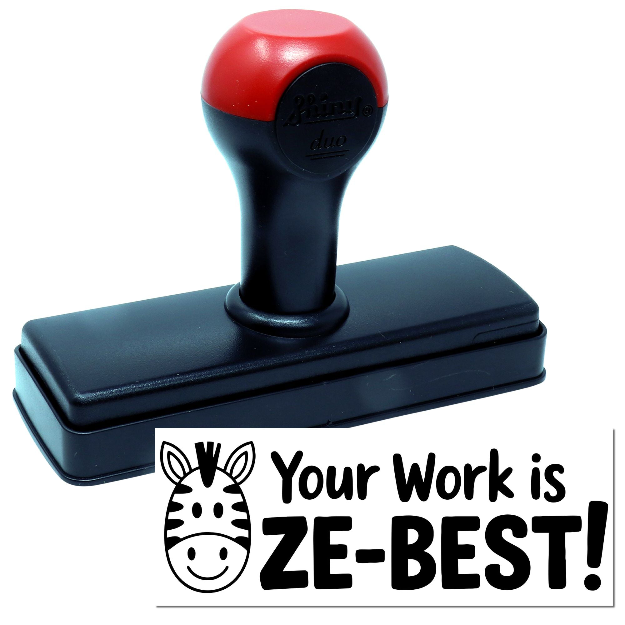 Red and black self-inking stamp and seal with zebra logo and Your Work is ZE-BEST! imprint sample.