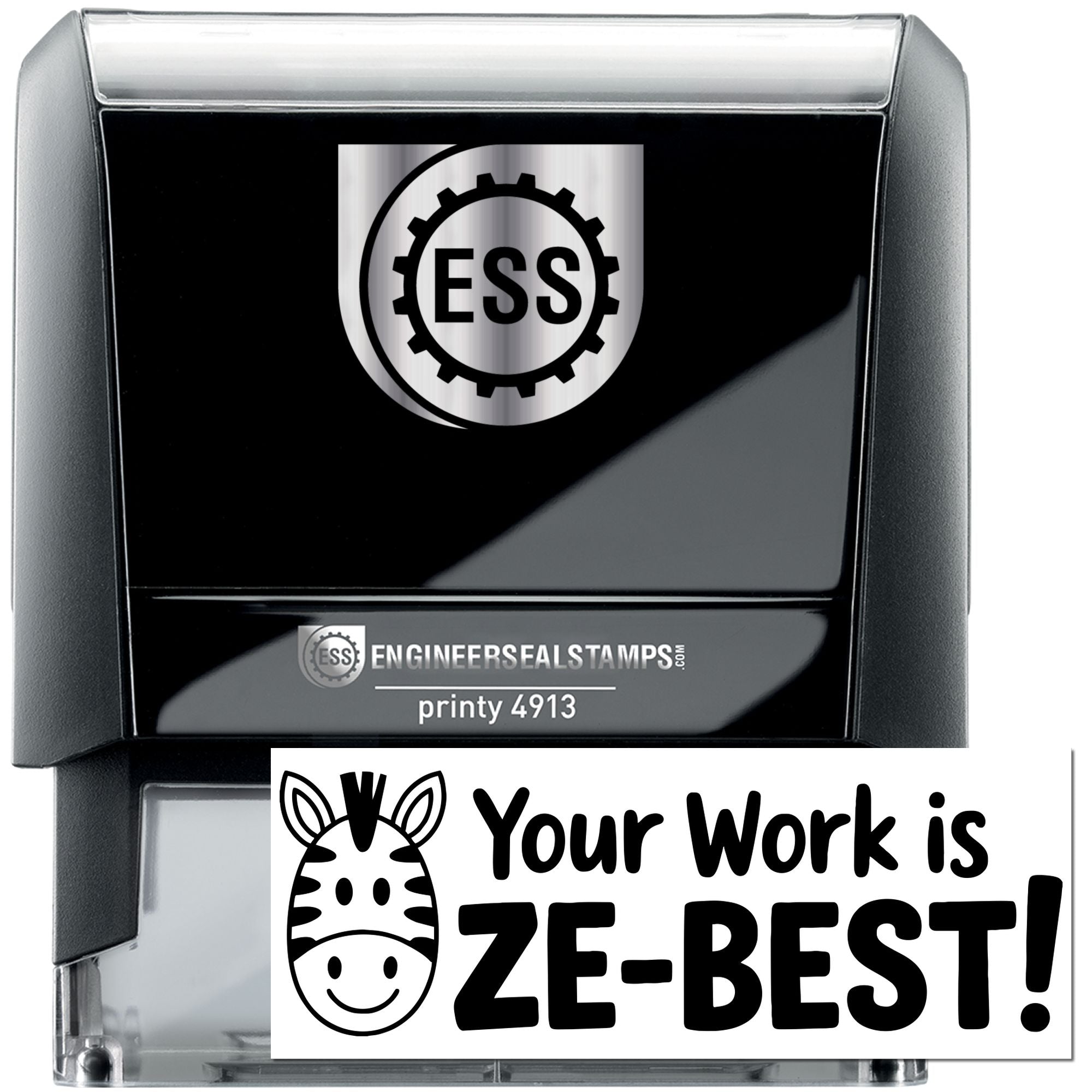 Black ESS self-inking stamp with silver logo and zebra Your Work is ZE-BEST! seal on white background.