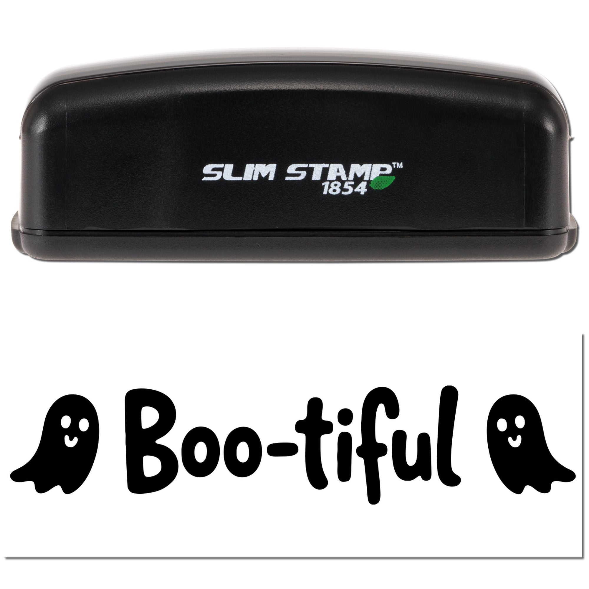 Black Slim Stamp 1854 self-inking stamp and Boo-tiful ghost seal design in black on a white background