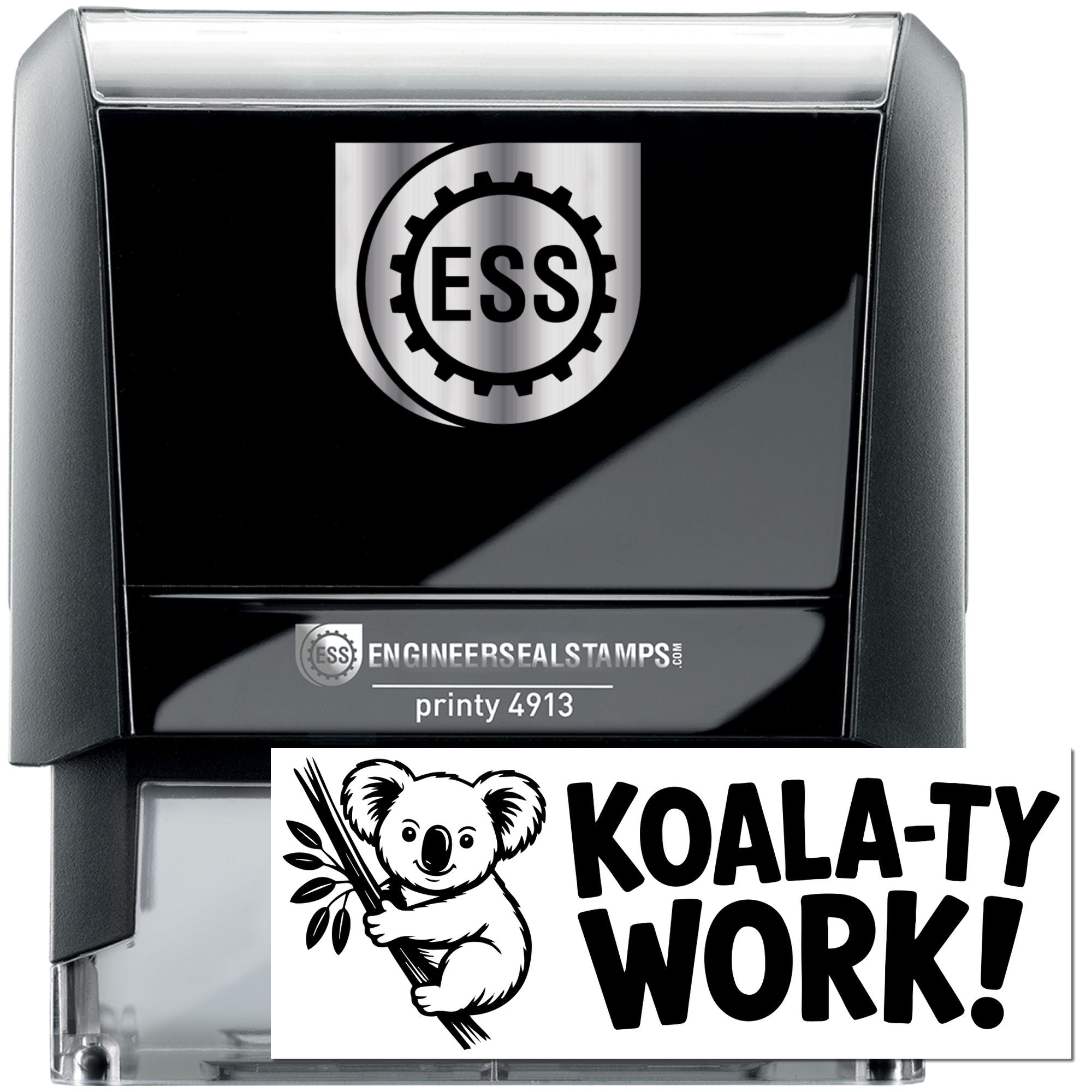Black self-inking ESS stamp and seal products with silver top, koala logo, and bold KOALA-TY WORK! text.