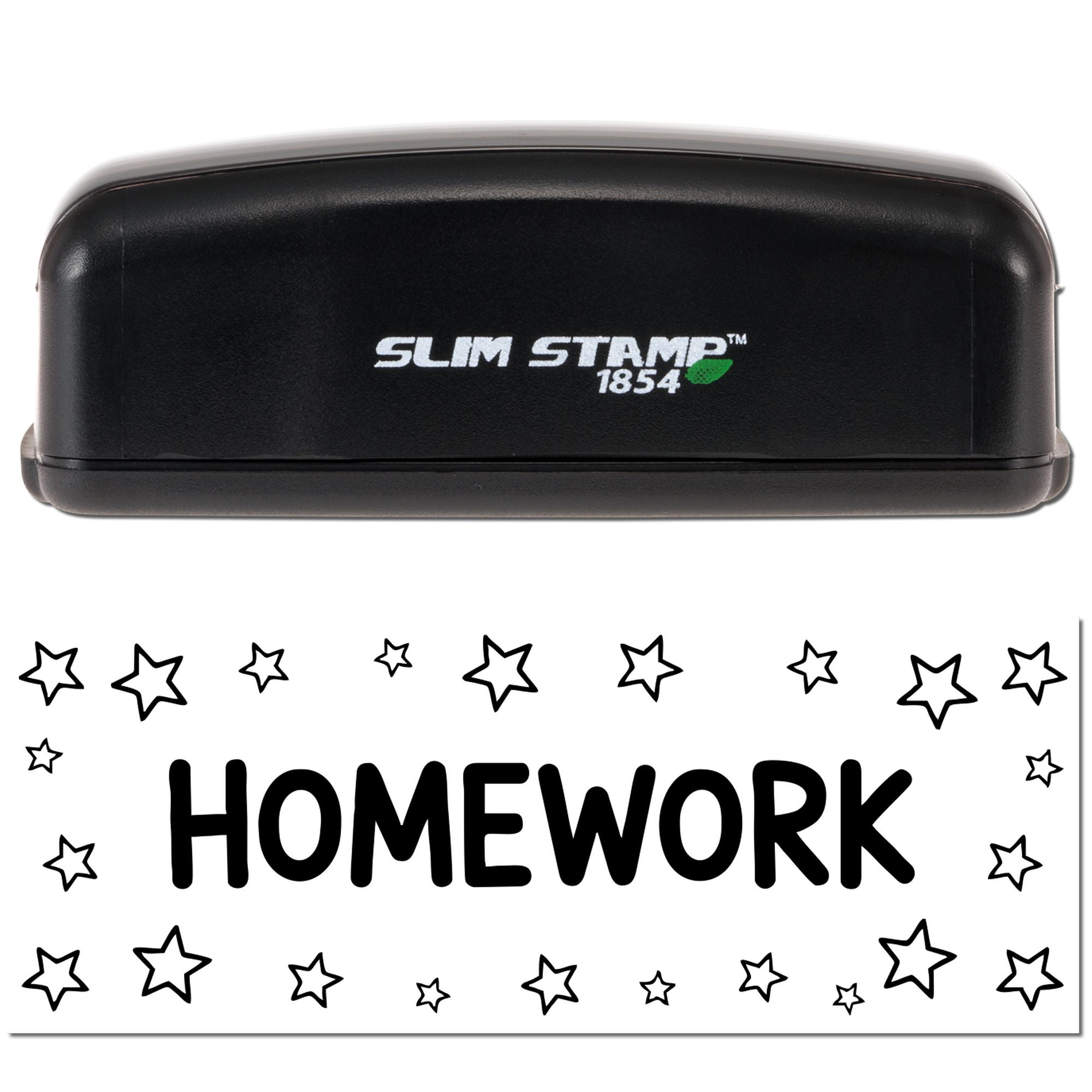 Black Slim Stamp 1854 self-inking stamp and seal with HOMEWORK in bold black letters, surrounded by stars on white paper.