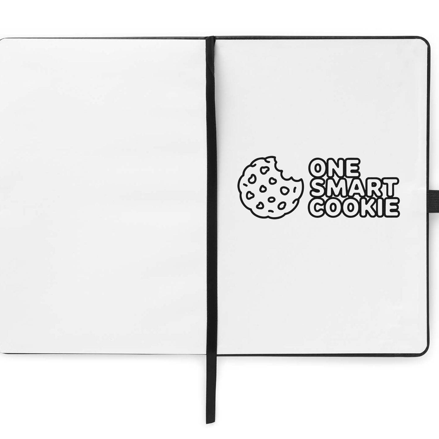 Black stamp seal with cookie icon and ONE SMART COOKIE text on a white notebook spread.