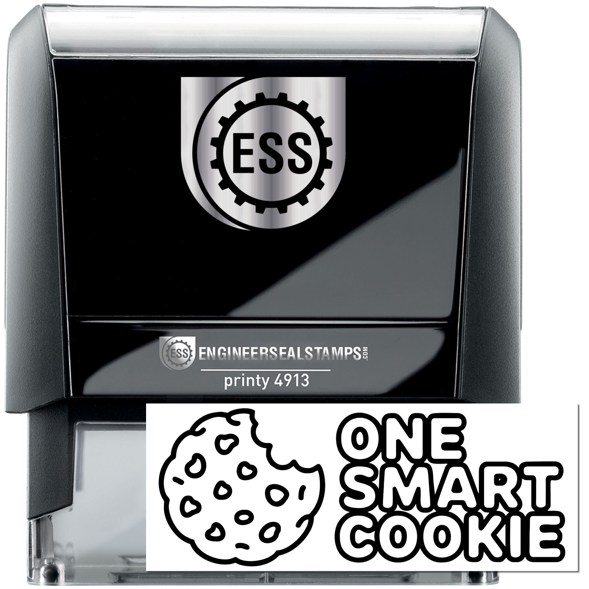 Black self-inking engineer seal stamp with silver accents and white One Smart Cookie stamp, cookie graphic.