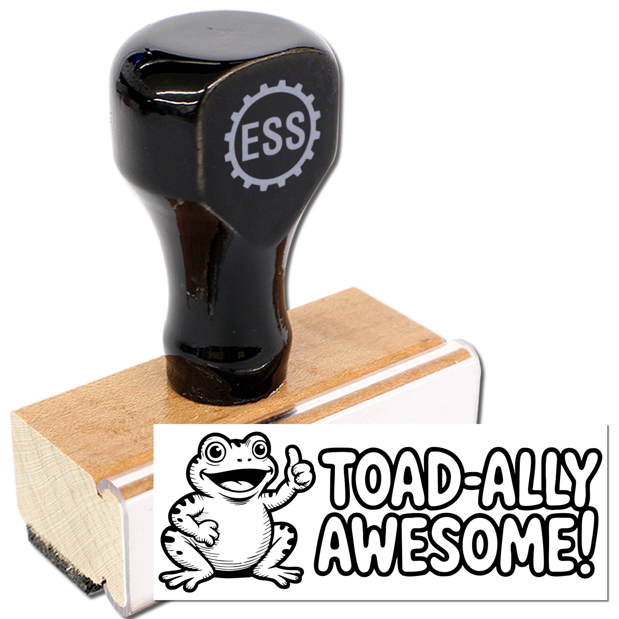 Black rubber stamp and seal on wooden handle with white TOAD-ALLY AWESOME frog design