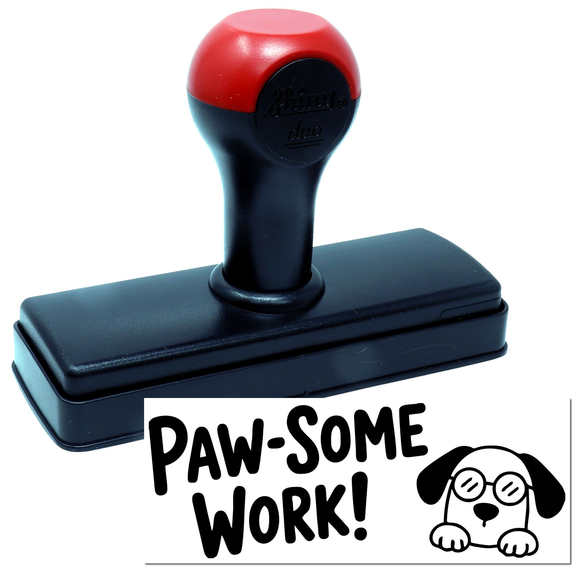 Red and black self-inking stamp with Paw-Some Work! dog seal design on white background