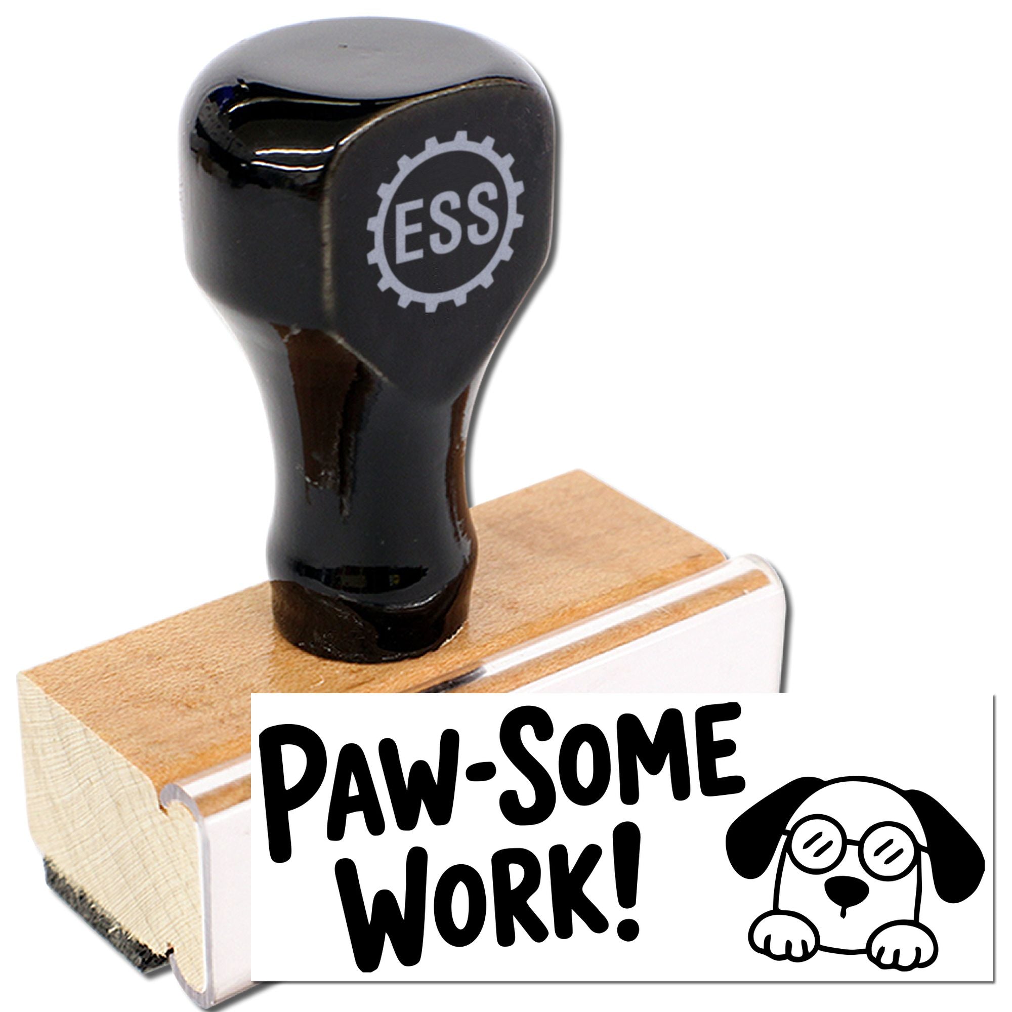 Black rubber stamp seal with white PAW-SOME WORK! text and dog icon on a wooden base.