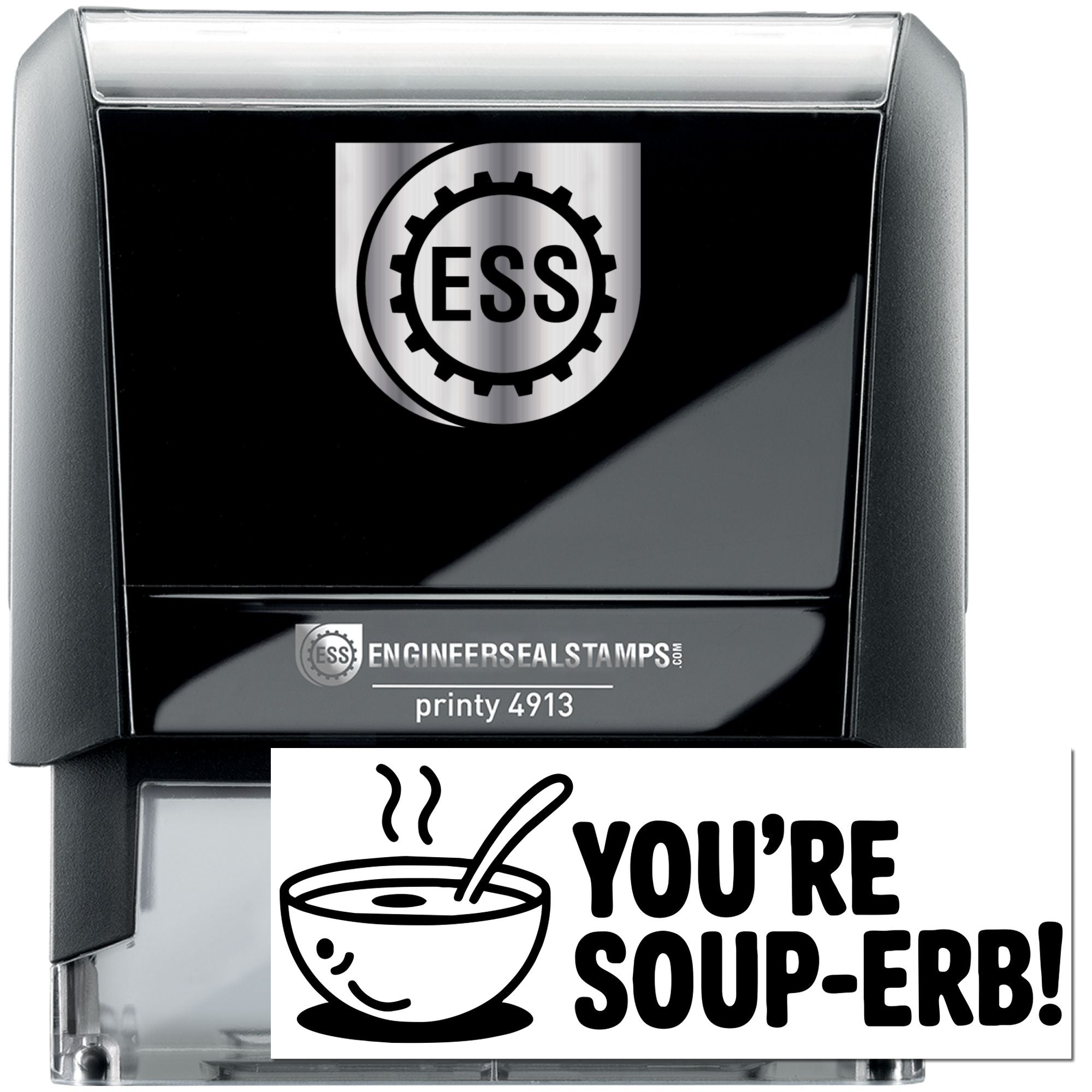 Black self-inking ESS engineer seal stamp, Printy 4913, with silver logo and white custom soup-erb stamp insert