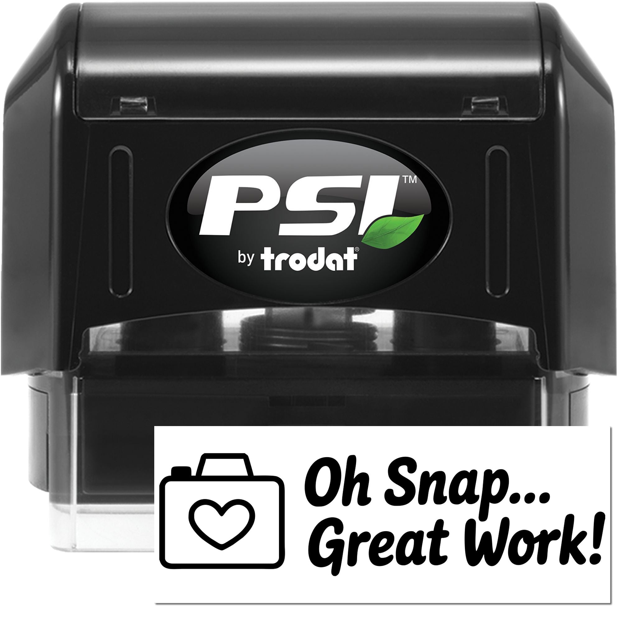 Black PSI by Trodat self-inking stamp and seal with clear case, showing Oh Snap... Great Work! design.