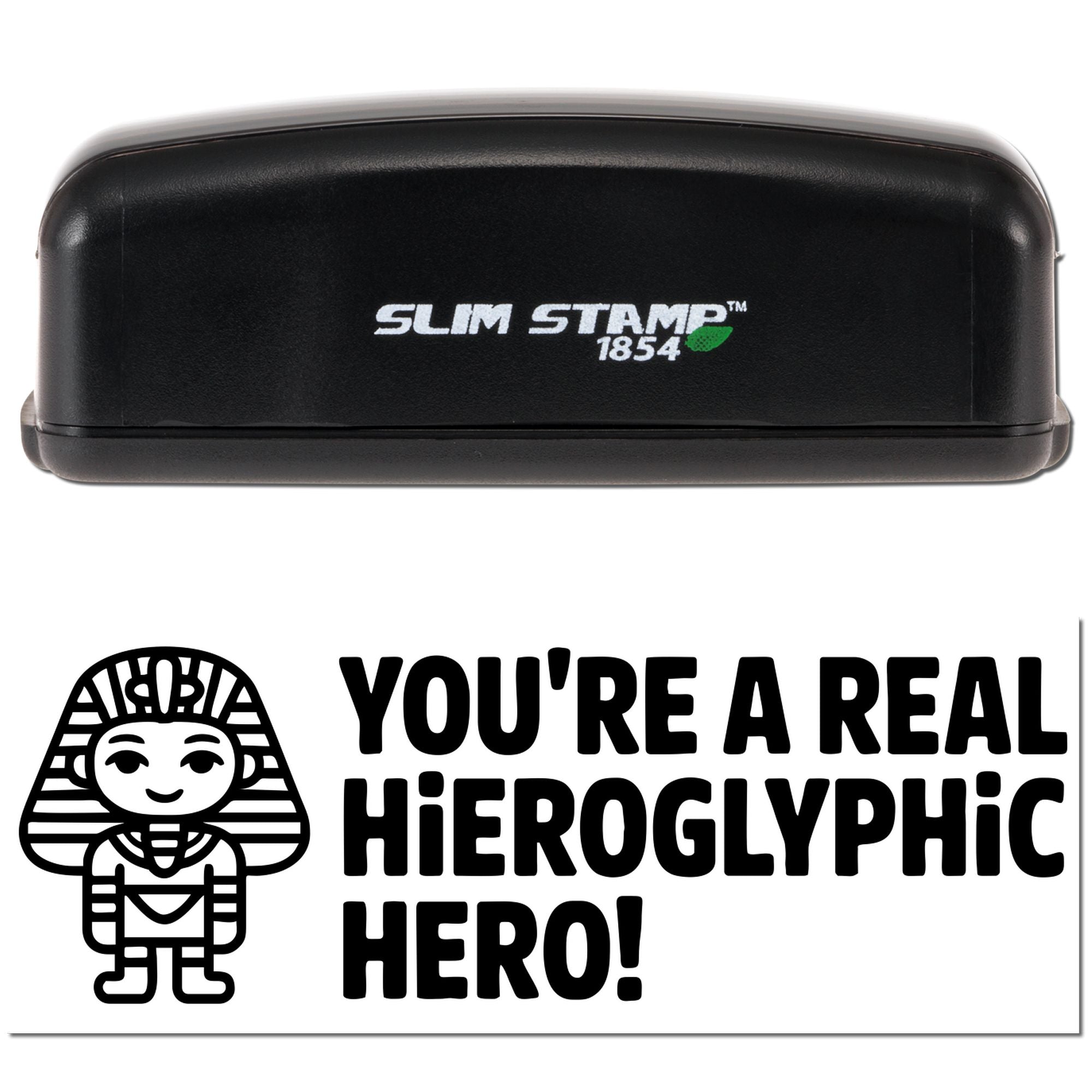 Black Slim Stamp 1854 embossing stamp, with white logo and green accent, above a black hieroglyphic hero seal on white.