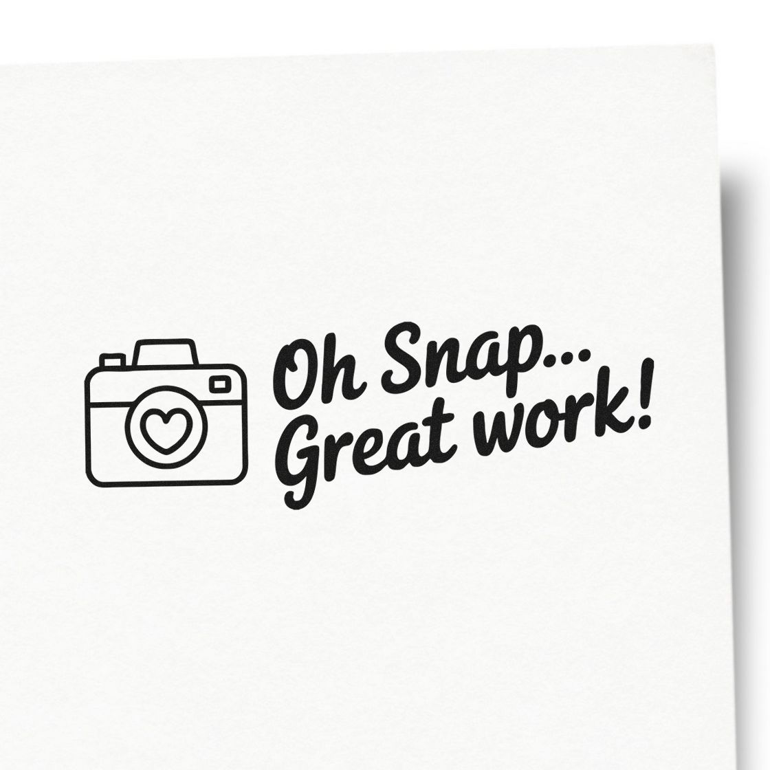Black stamp or seal design with camera heart icon and Oh Snap... Great work! text on white background.