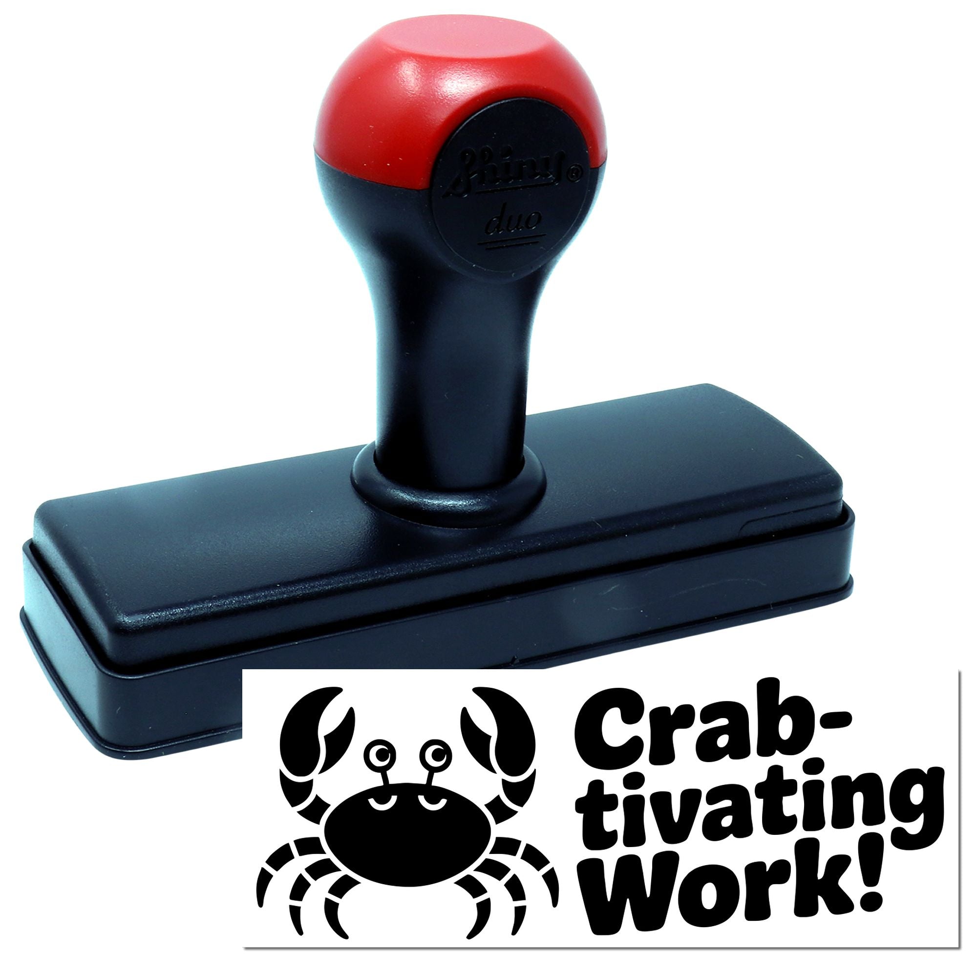 Red and black self-inking stamp with rectangular base and crab-themed seal saying Crab-tivating Work!