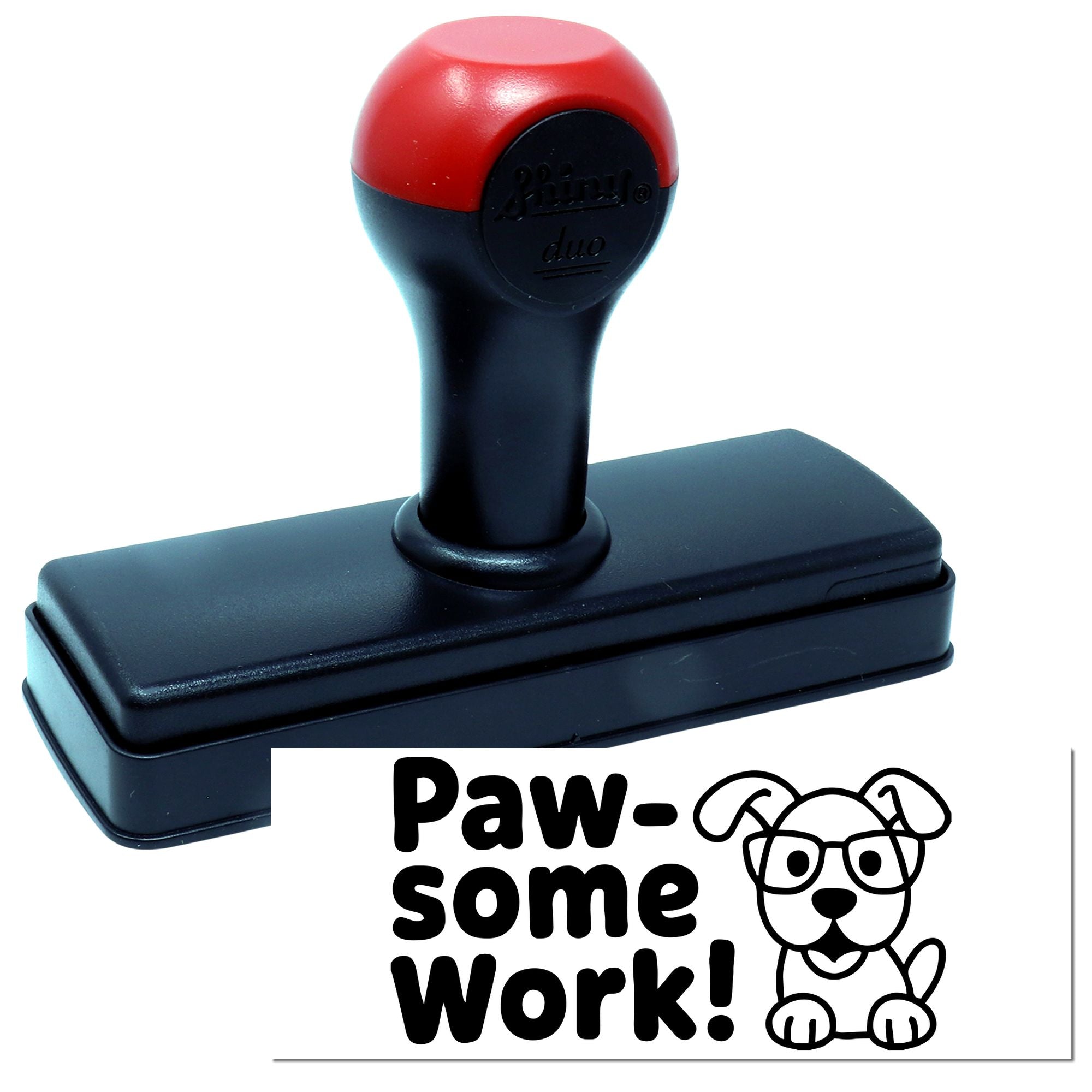 Red and black self-inking stamp with Paw-some Work! dog seal on white background.